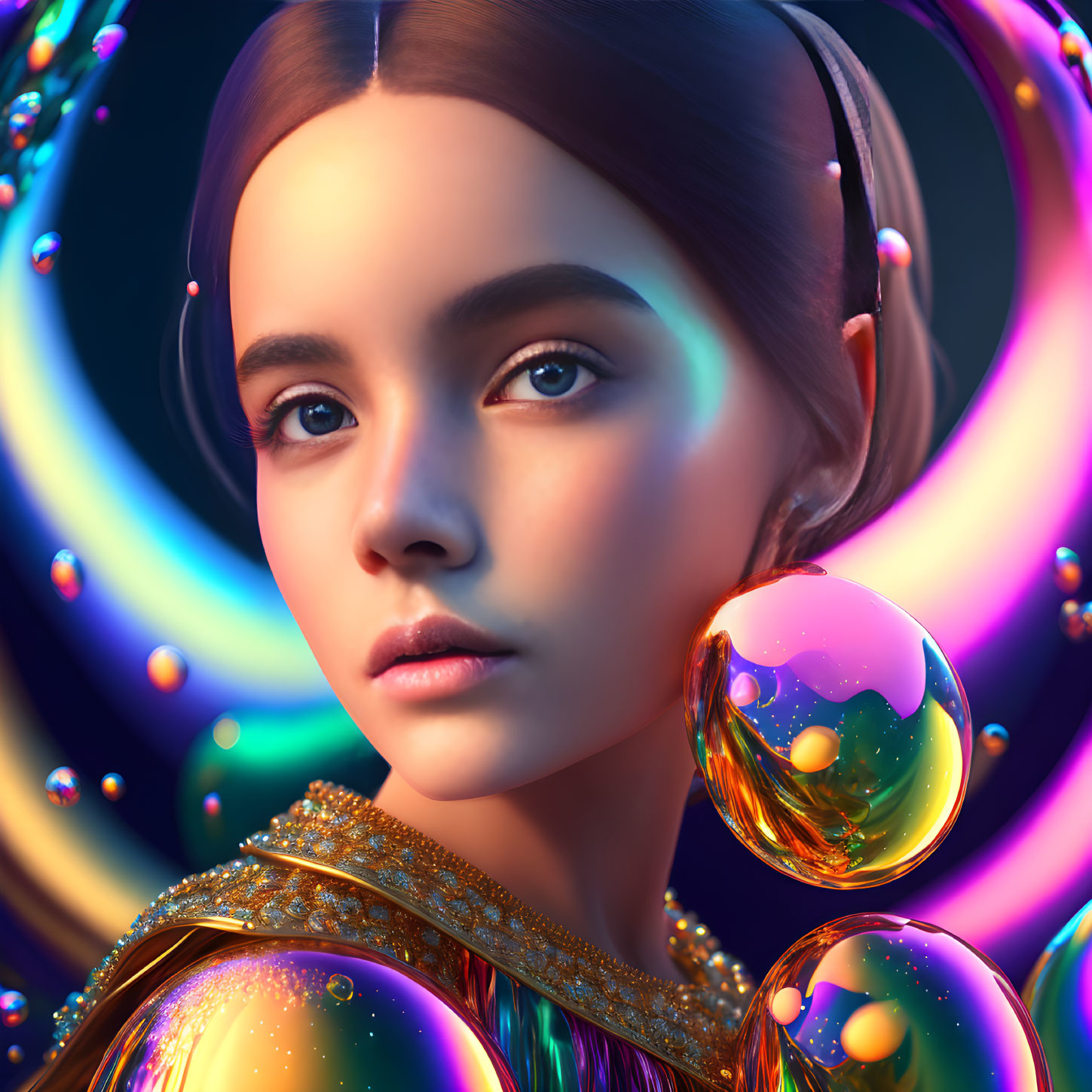 Colorful Digital Portrait Featuring Woman with Reflective Orb Earrings