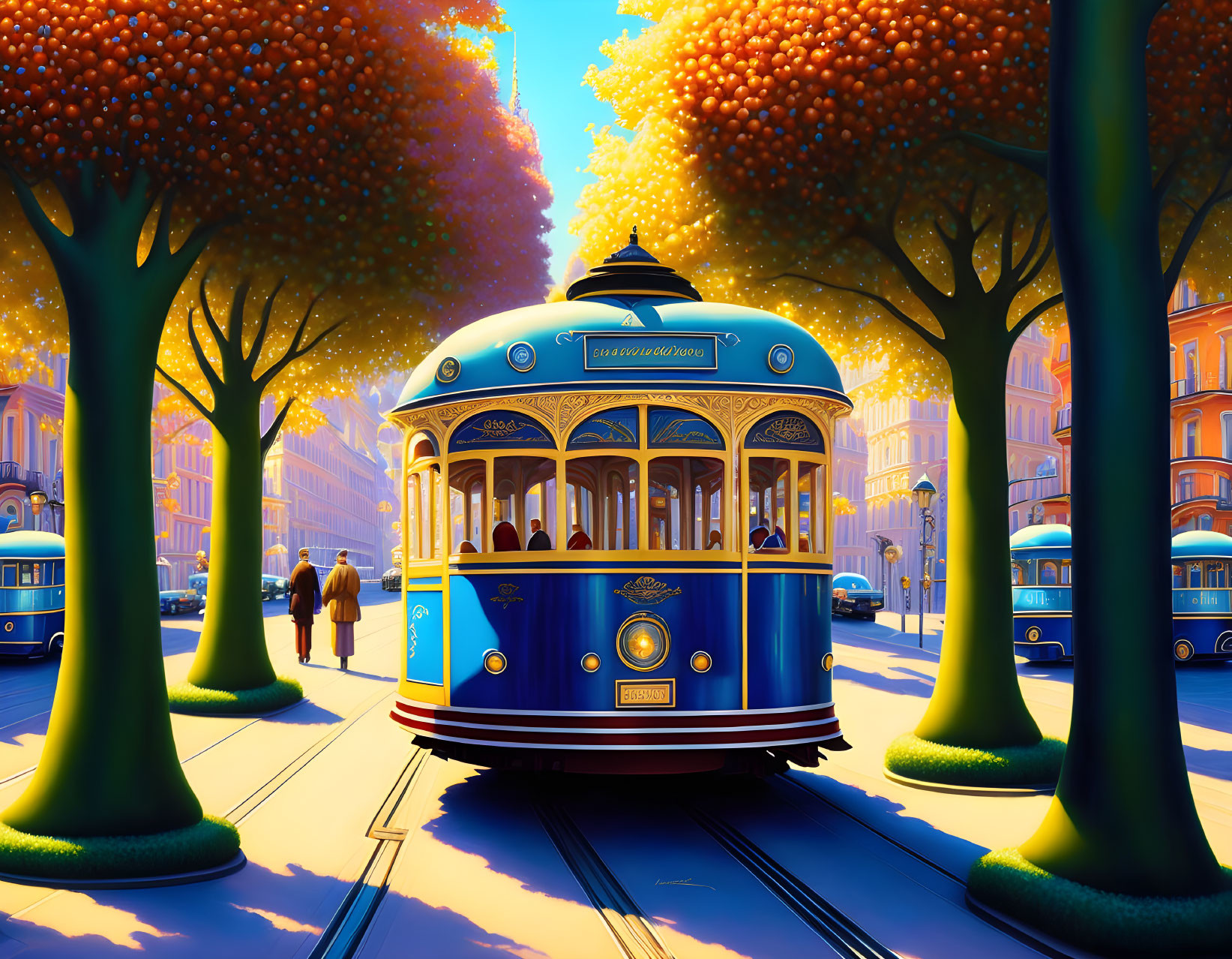 Vintage Blue Tram with Golden Accents on Tree-Lined City Street