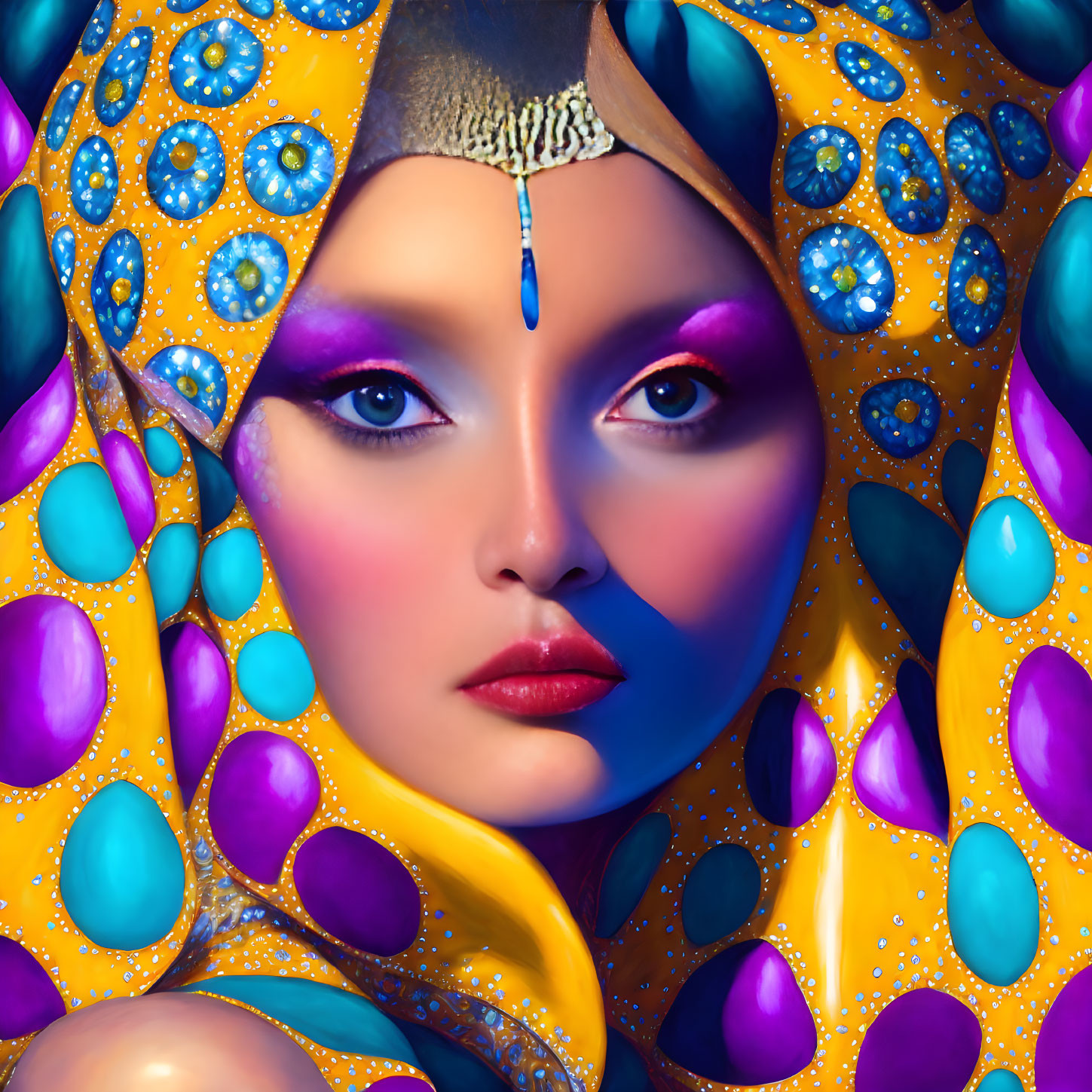 Colorful portrait of woman with blue and purple makeup and yellow headscarf adorned with gemstones