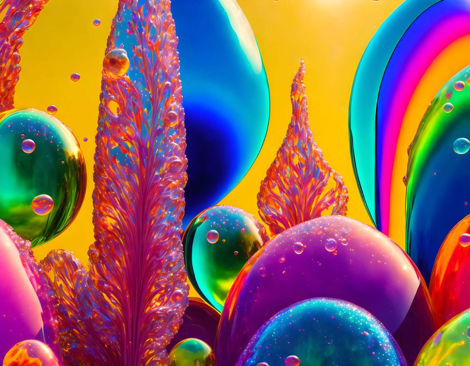 Colorful soap bubbles with blue, green, and red hues on yellow background