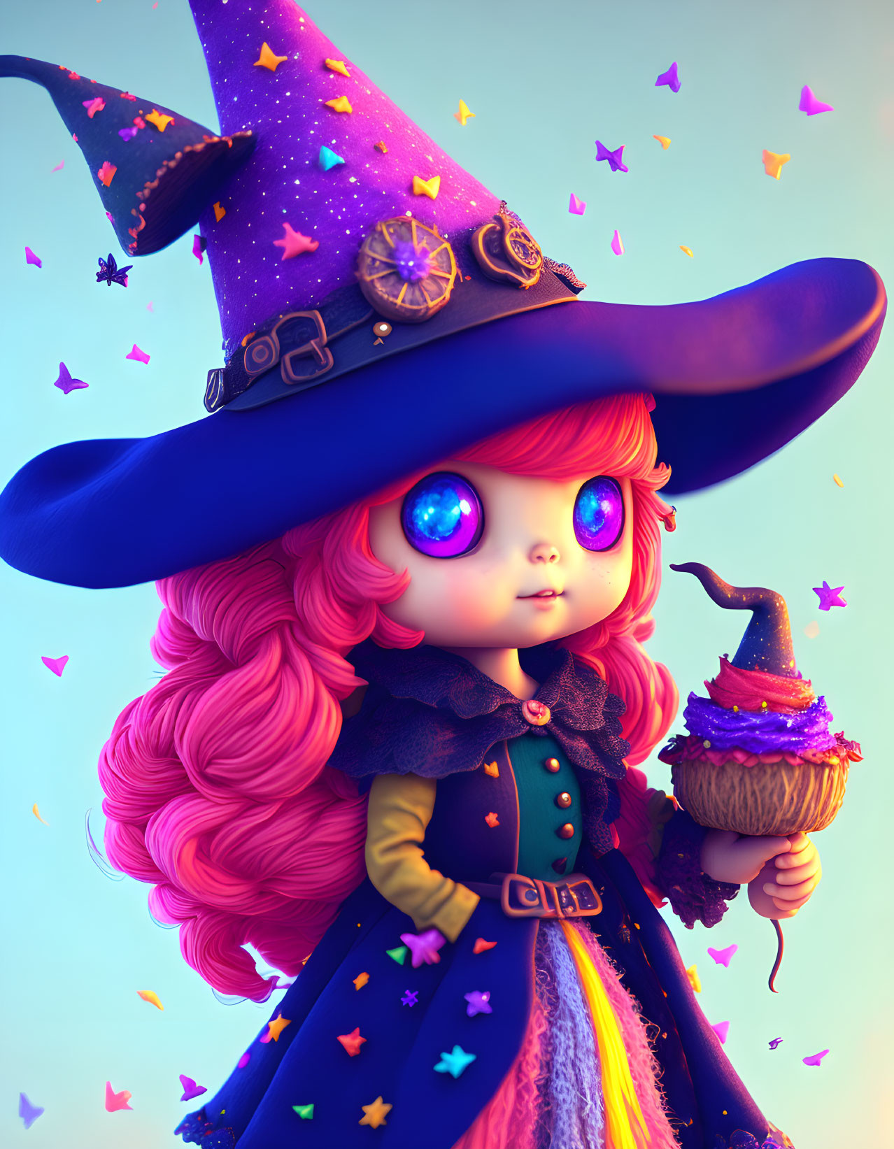 Colorful illustration of a stylized witch with blue eyes and pink hair holding a cupcake potion