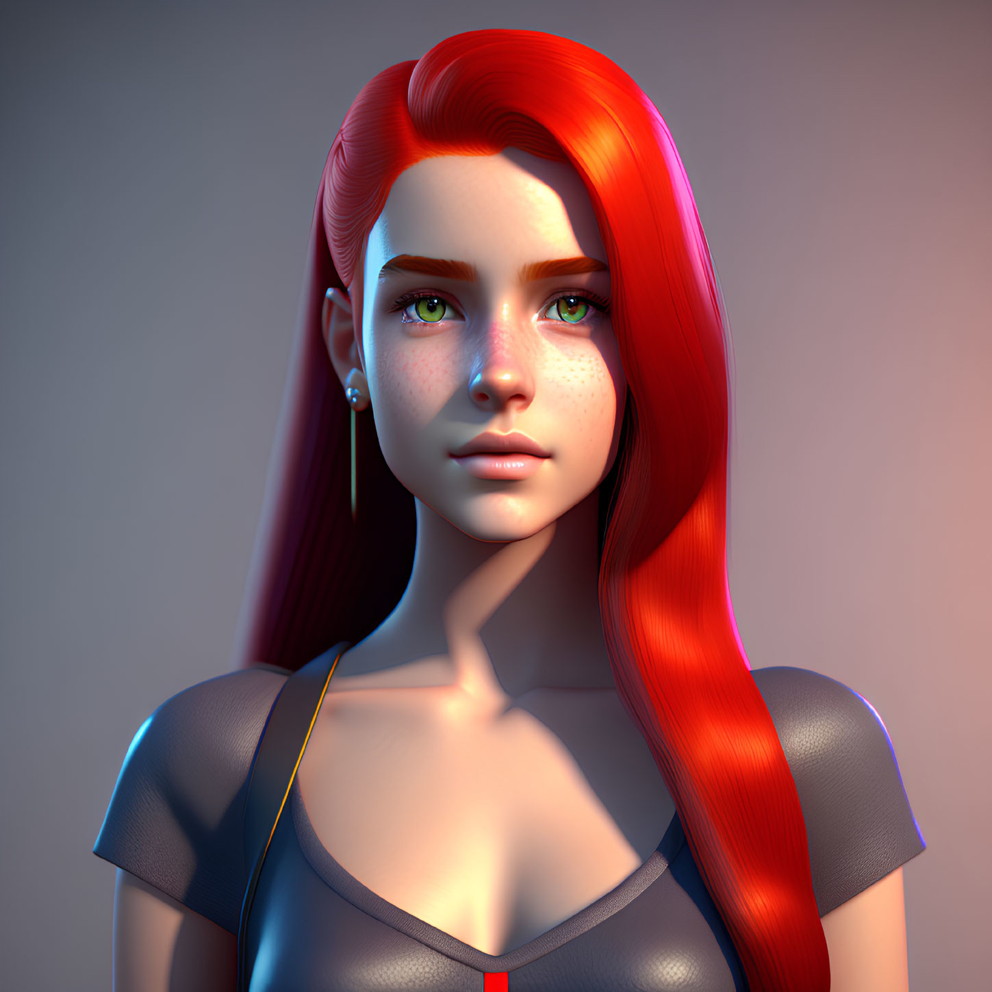 3D Rendered Image: Young Woman with Red Hair, Blue Eyes, Freckles, Grey