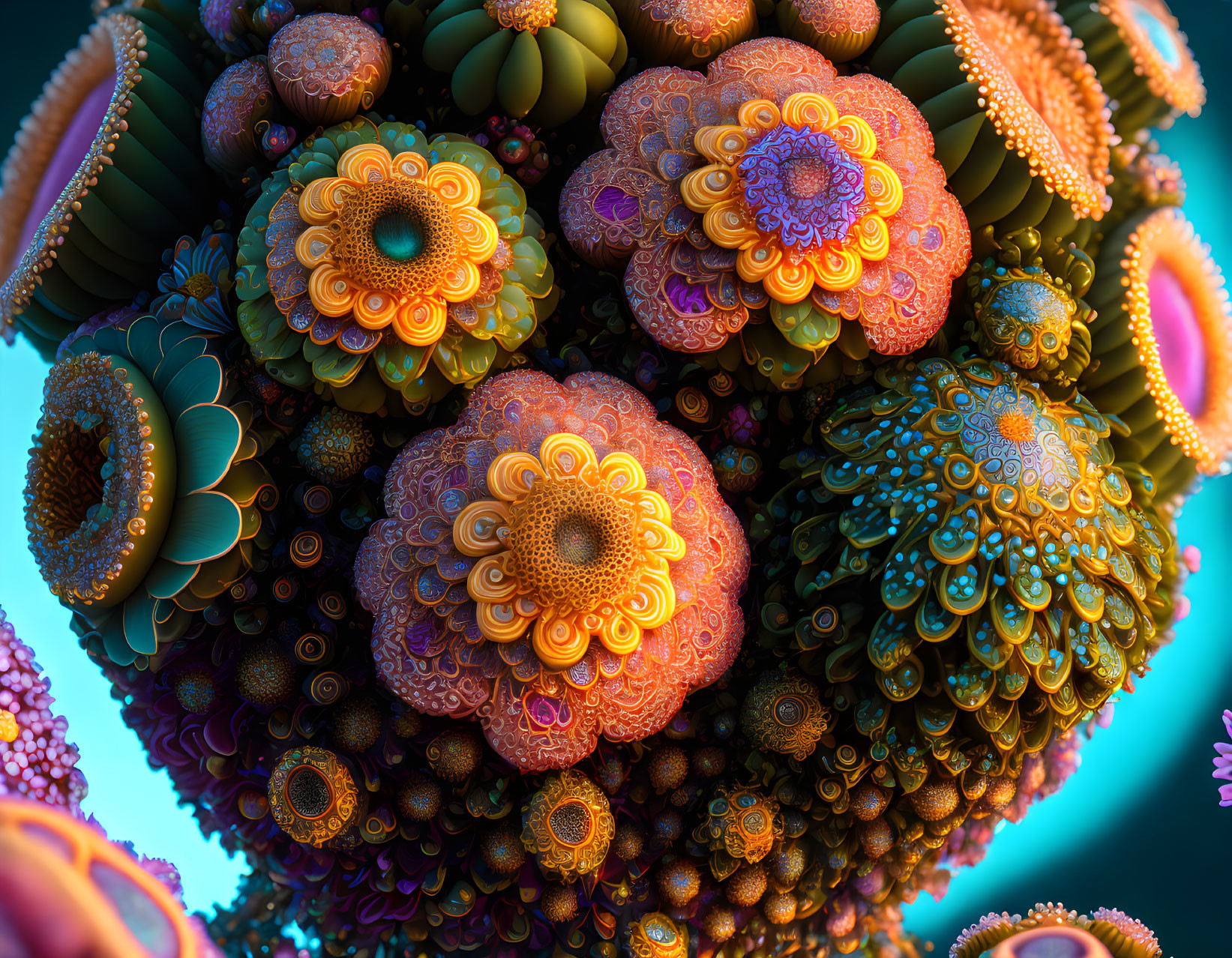 Colorful fractal image of intricate flower-like structures in orange, blue, and green