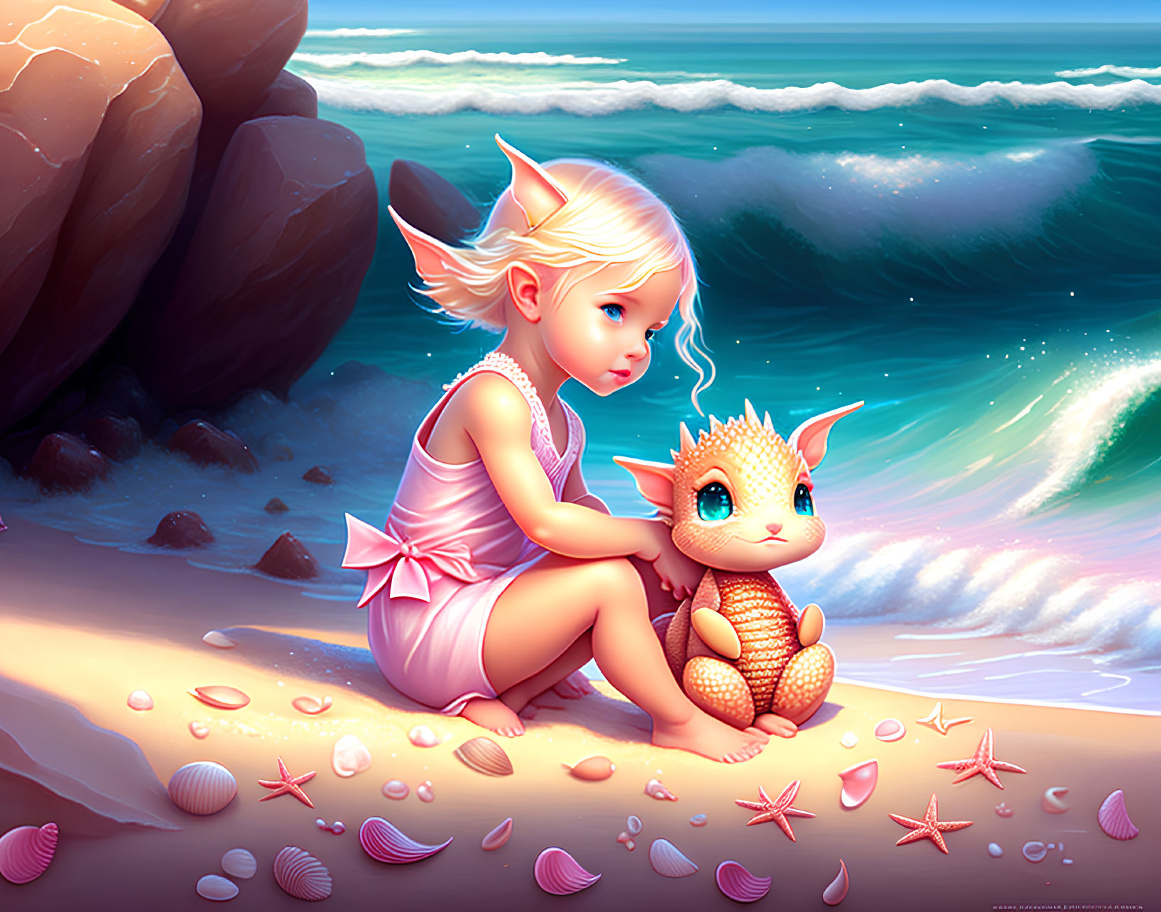 Young elf with pointed ears on sandy beach with cute spiky creature and seashells by ocean