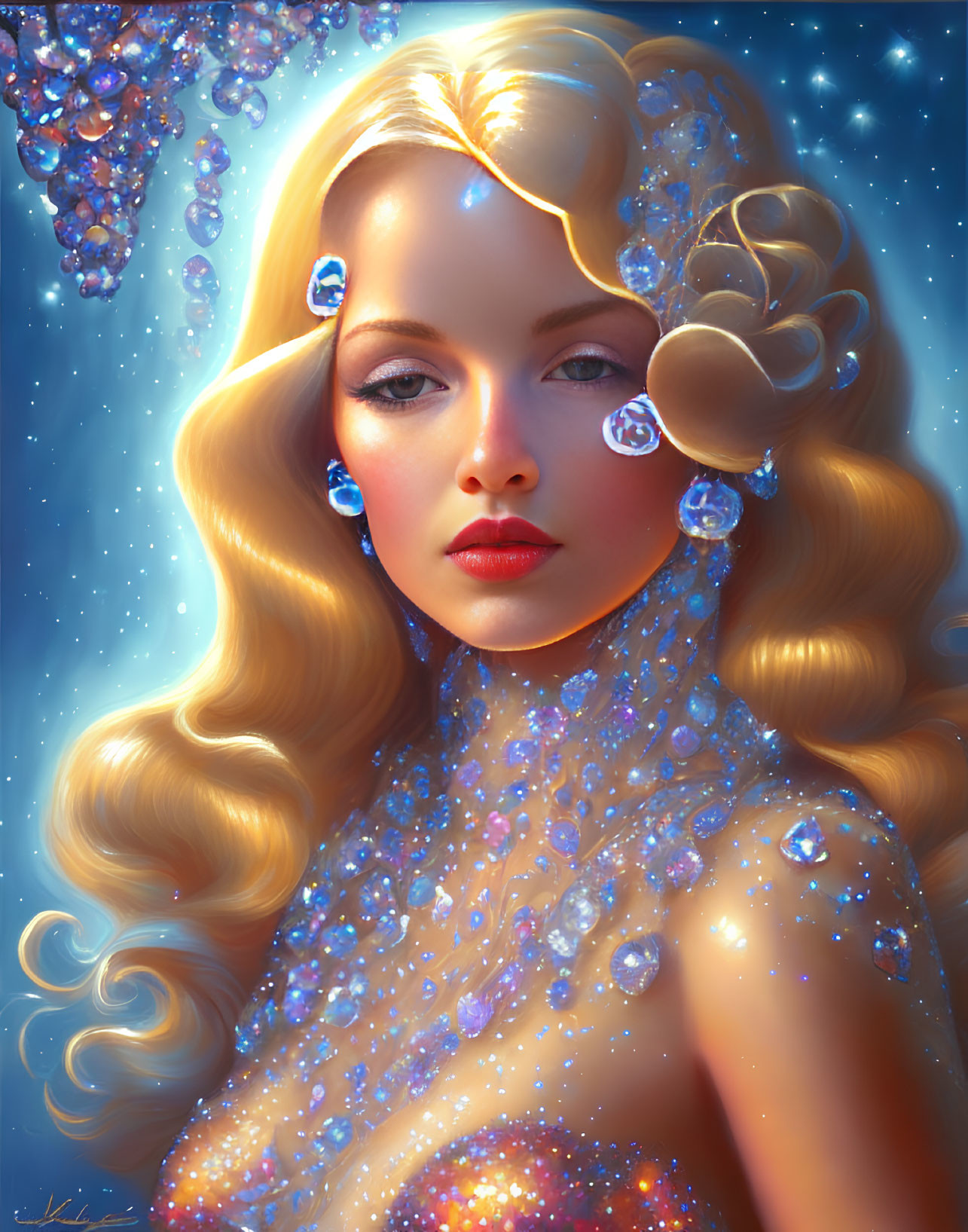 Blonde Woman Portrait with Gemstones on Blue Background