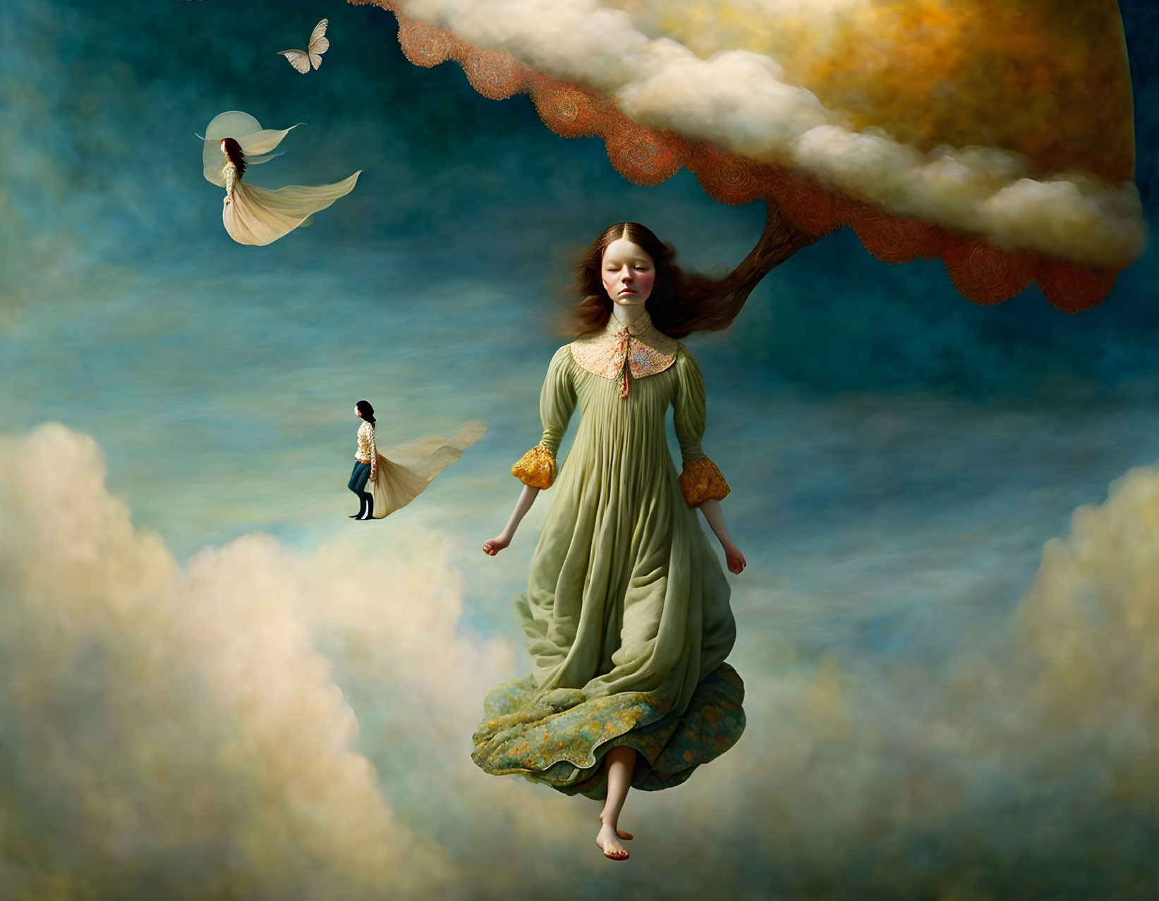 Surreal image of woman in green dress floating among clouds