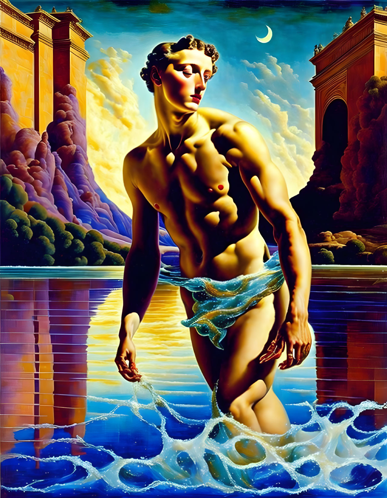 Surreal painting of classical figure in water with ethereal glow