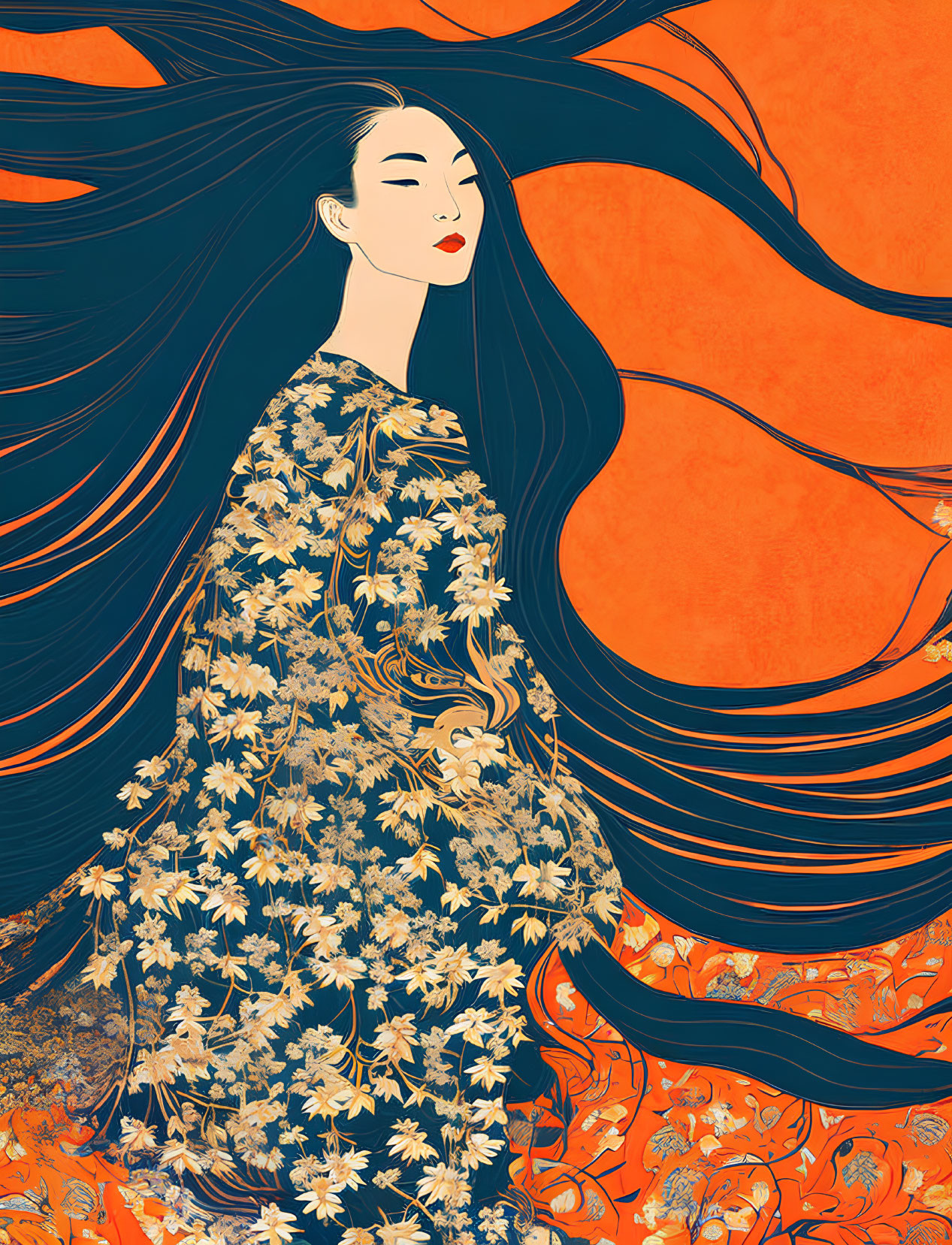 Stylized woman in floral kimono on vibrant orange backdrop