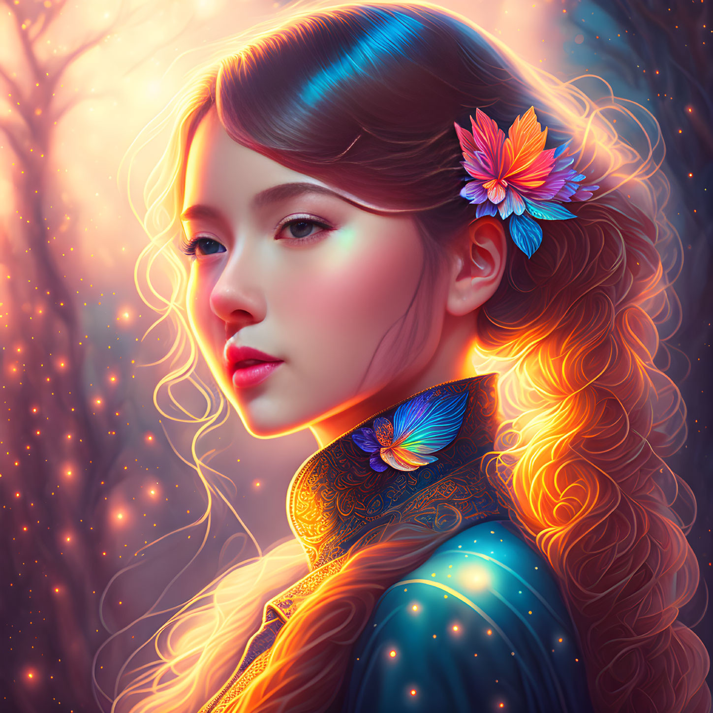 Colorful portrait of woman with glowing hair, flowers, and butterfly in magical setting