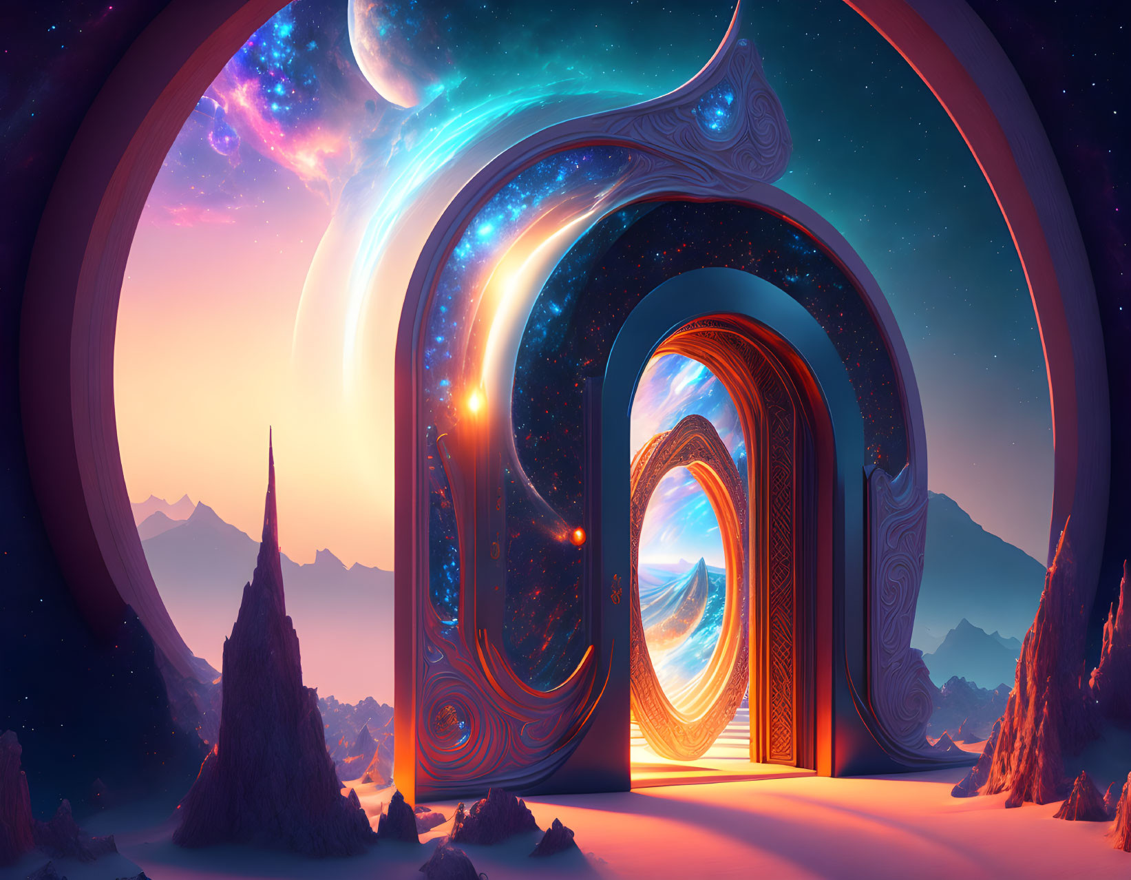 Colorful surreal landscape with swirling doorways, cosmic backdrop, mountains, and starry sky