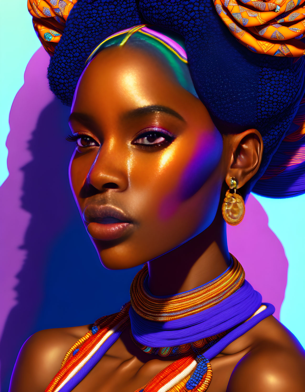 Colorful woman portrait with bright makeup and accessories on purple-blue backdrop