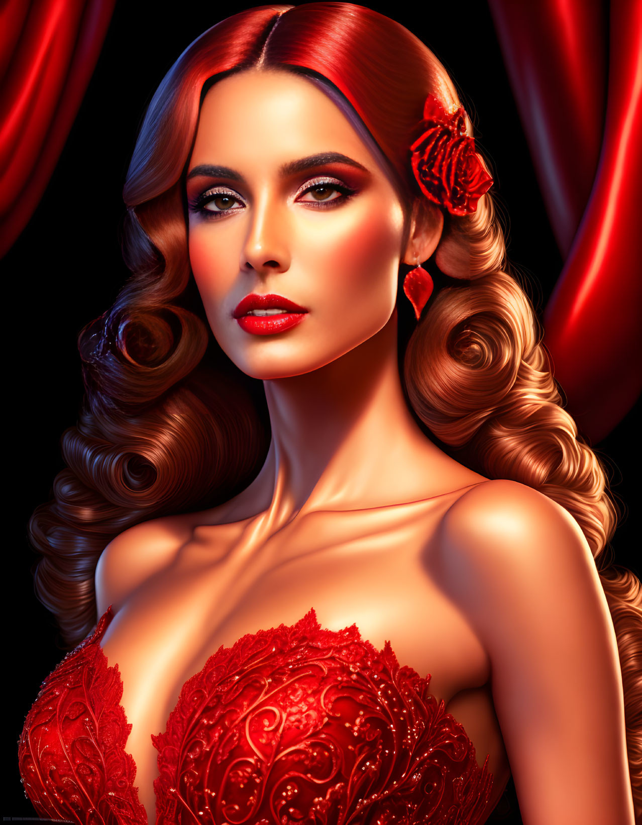 Woman with glamorous makeup and red rose in hair wearing detailed red dress against draped backdrop