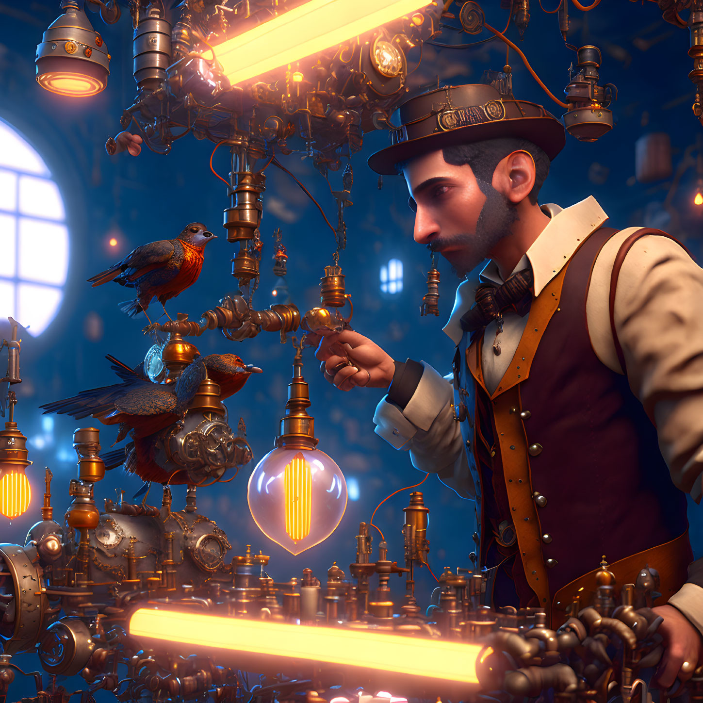 Victorian gentleman with mechanical birds in steampunk scene