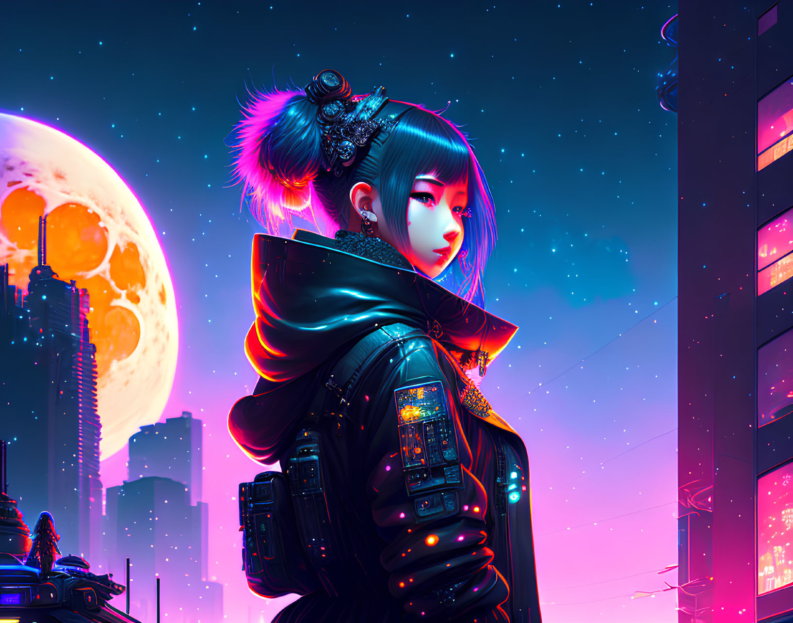 Futuristic cyberpunk-themed artwork of a woman in neon cityscape