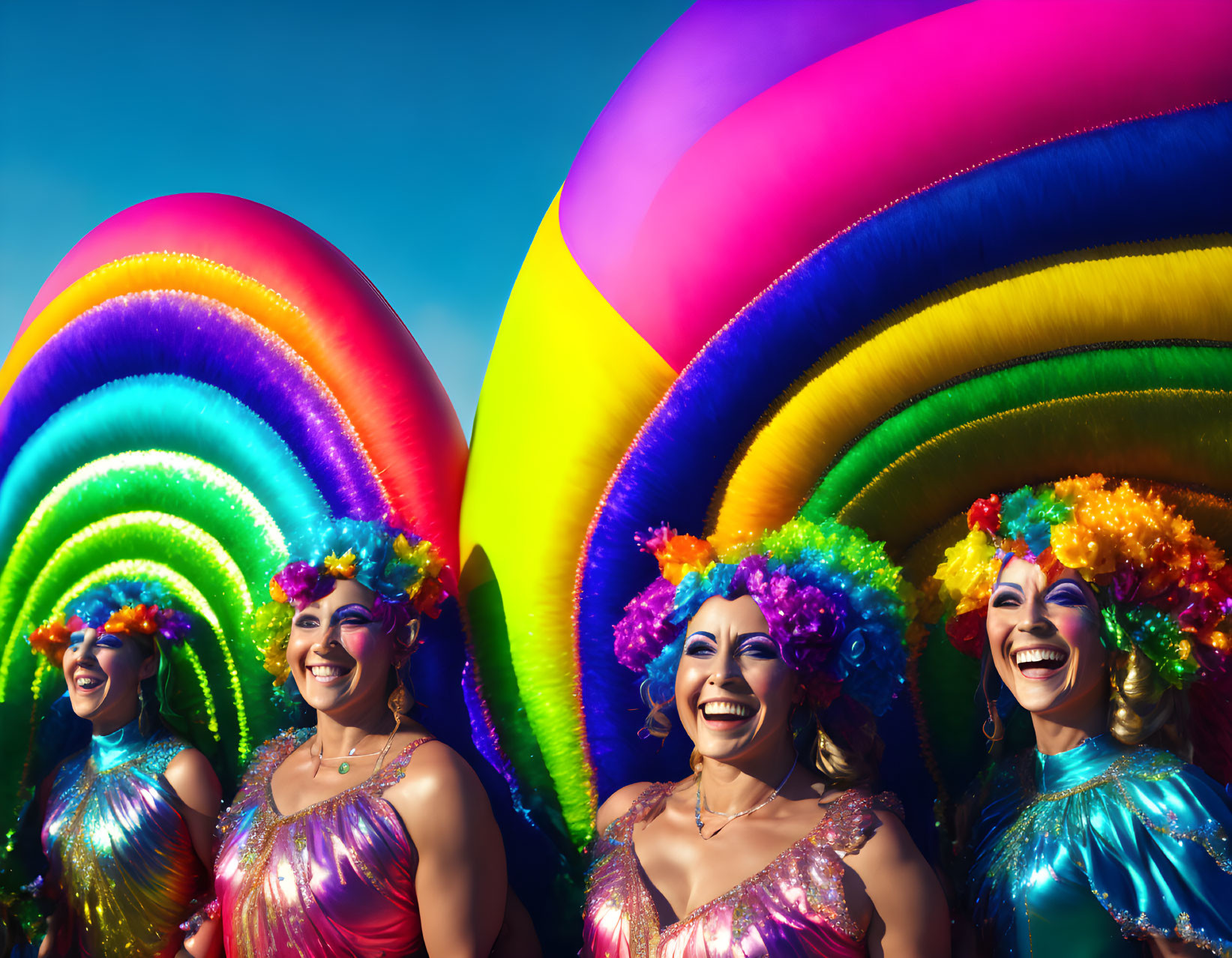 Colorful Rainbow Wigs and Shiny Outfits Against Vibrant Balloon Arches