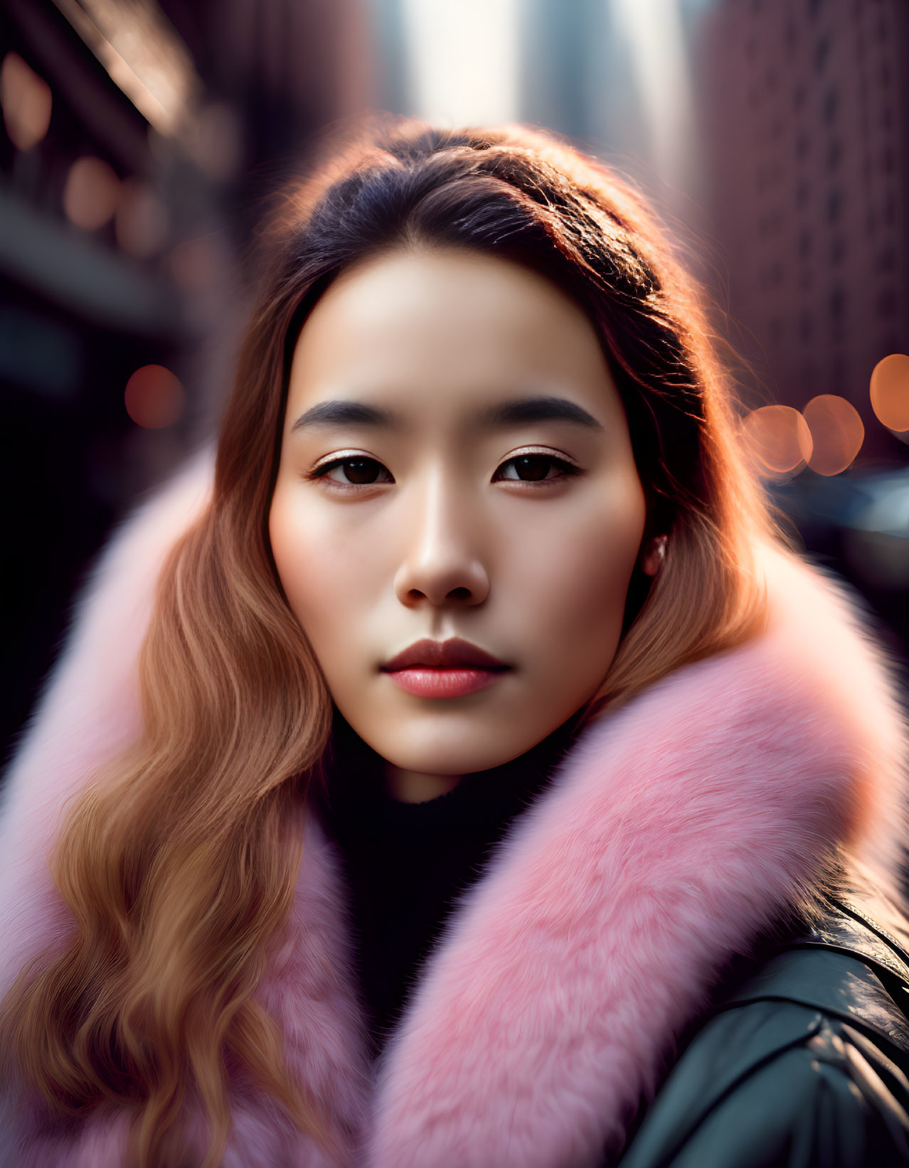 Woman with wavy hair and pink fur collar in city street background