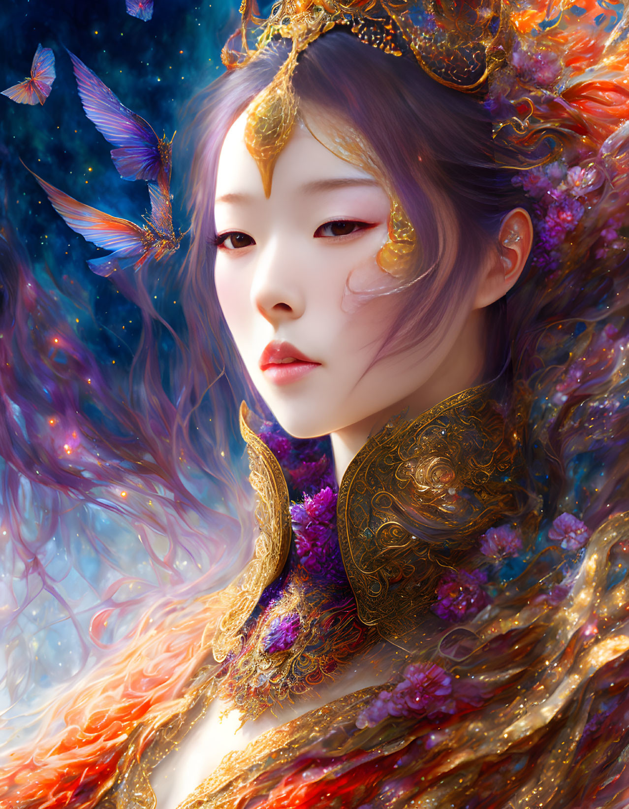 Ethereal figure with golden crown and butterflies in cosmic setting