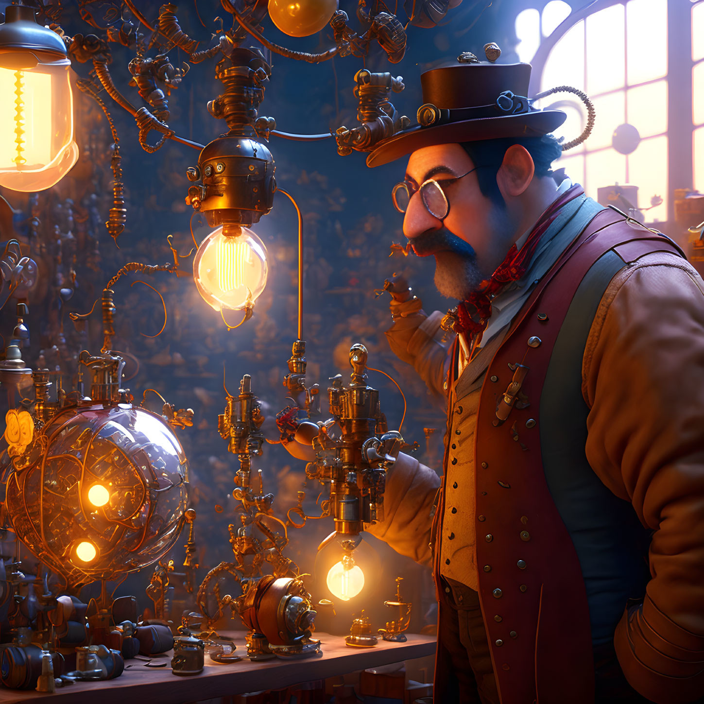 Steampunk-themed animated character in workshop with glowing machines