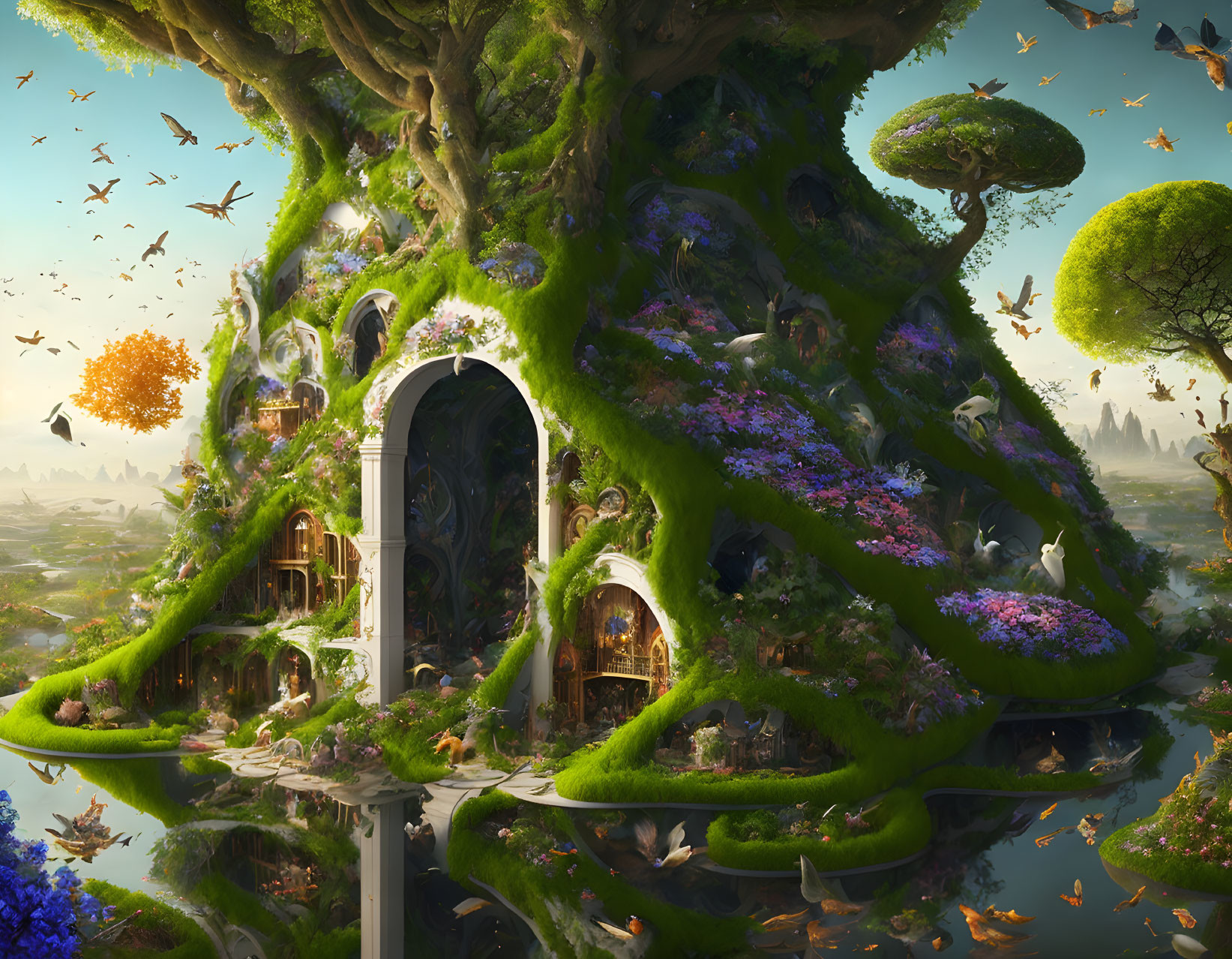 Fantastical tree with dwellings in serene, magical landscape