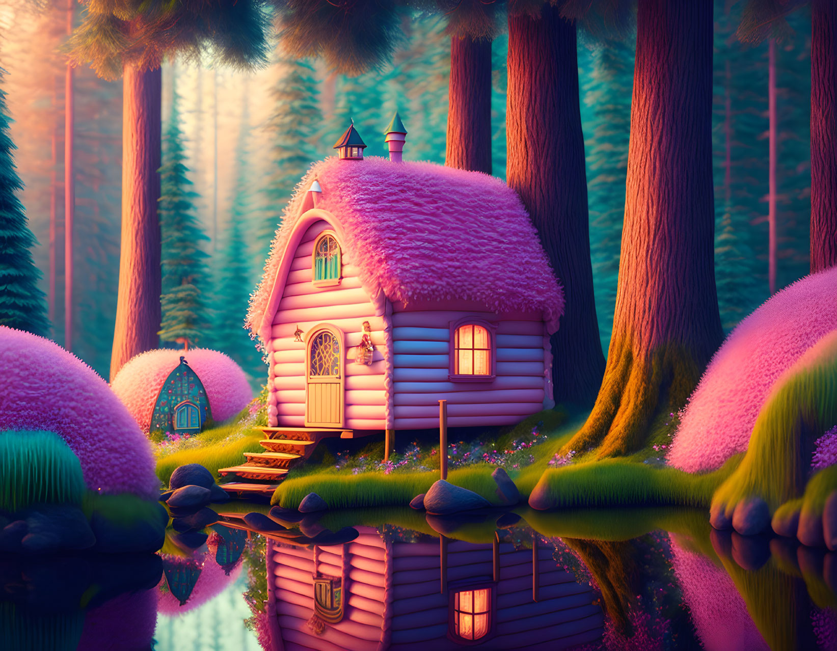 Pink-roofed cottage in vibrant forest by serene pond at dusk