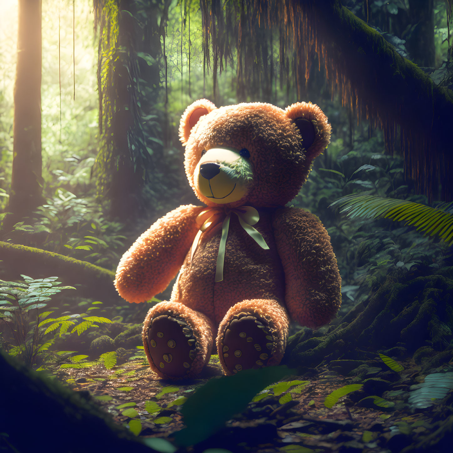 Plush teddy bear in lush forest with sunbeams