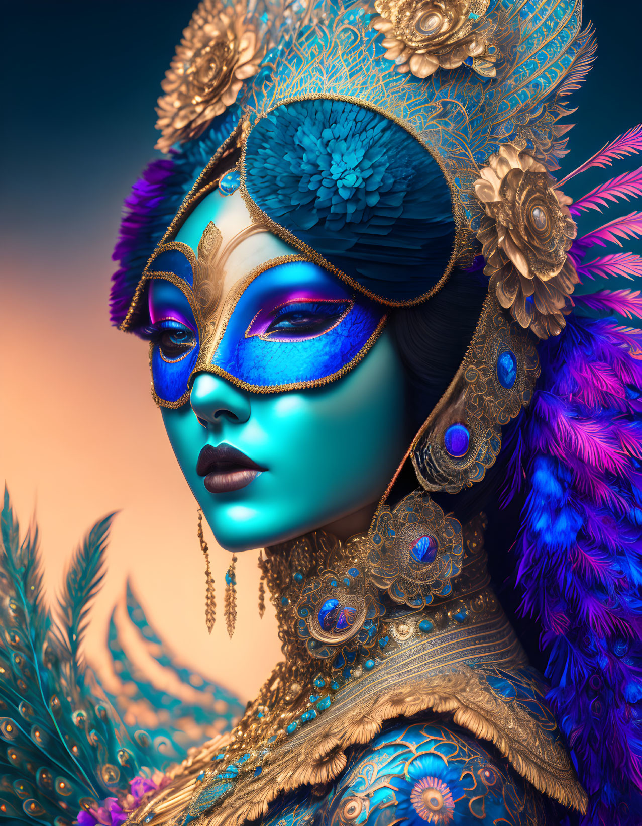 Colorful woman in peacock feather and gold masquerade attire portrait