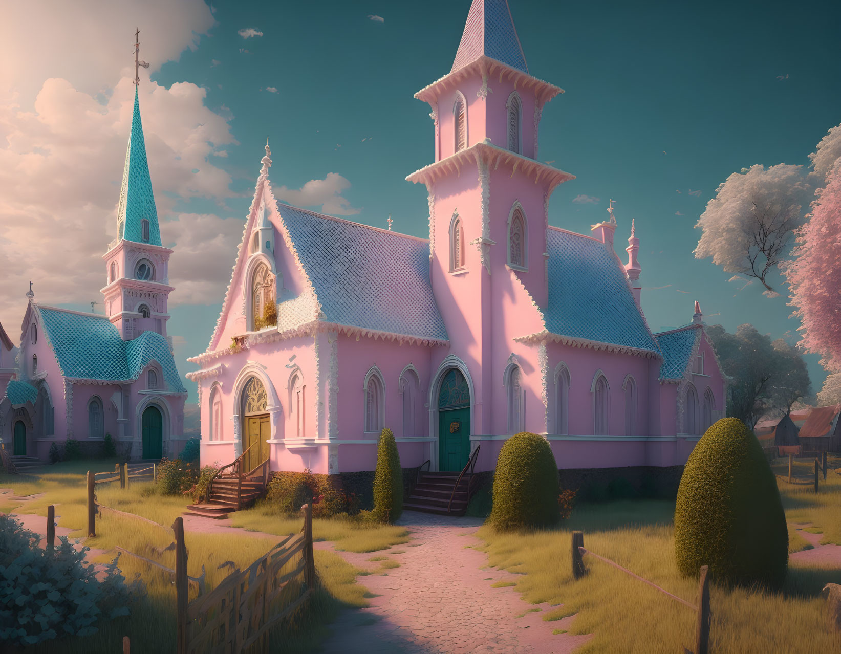 Pastel-colored digital artwork of a serene church in a pink-hued landscape