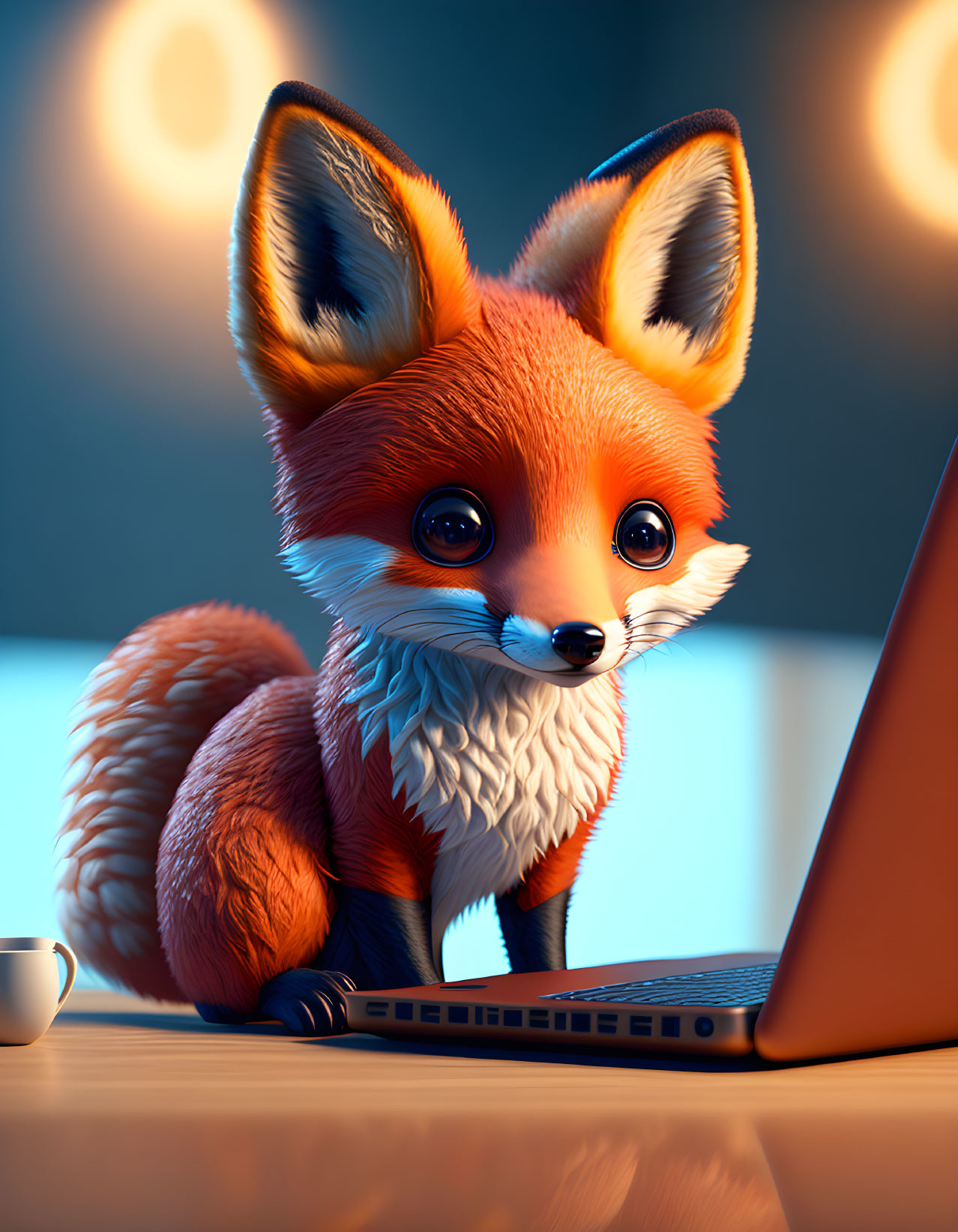 Red Fox 3D Animation Beside Laptop in Cozy Indoor Setting