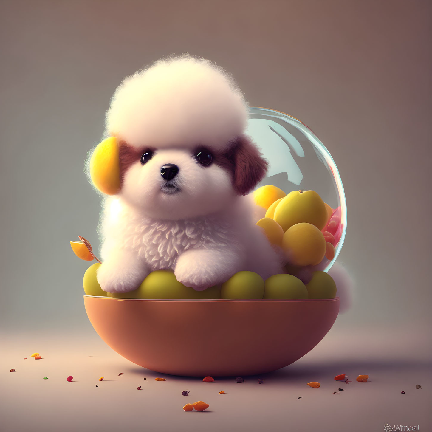 Fluffy White Puppy in Glass Bowl on Yellow Balls Display