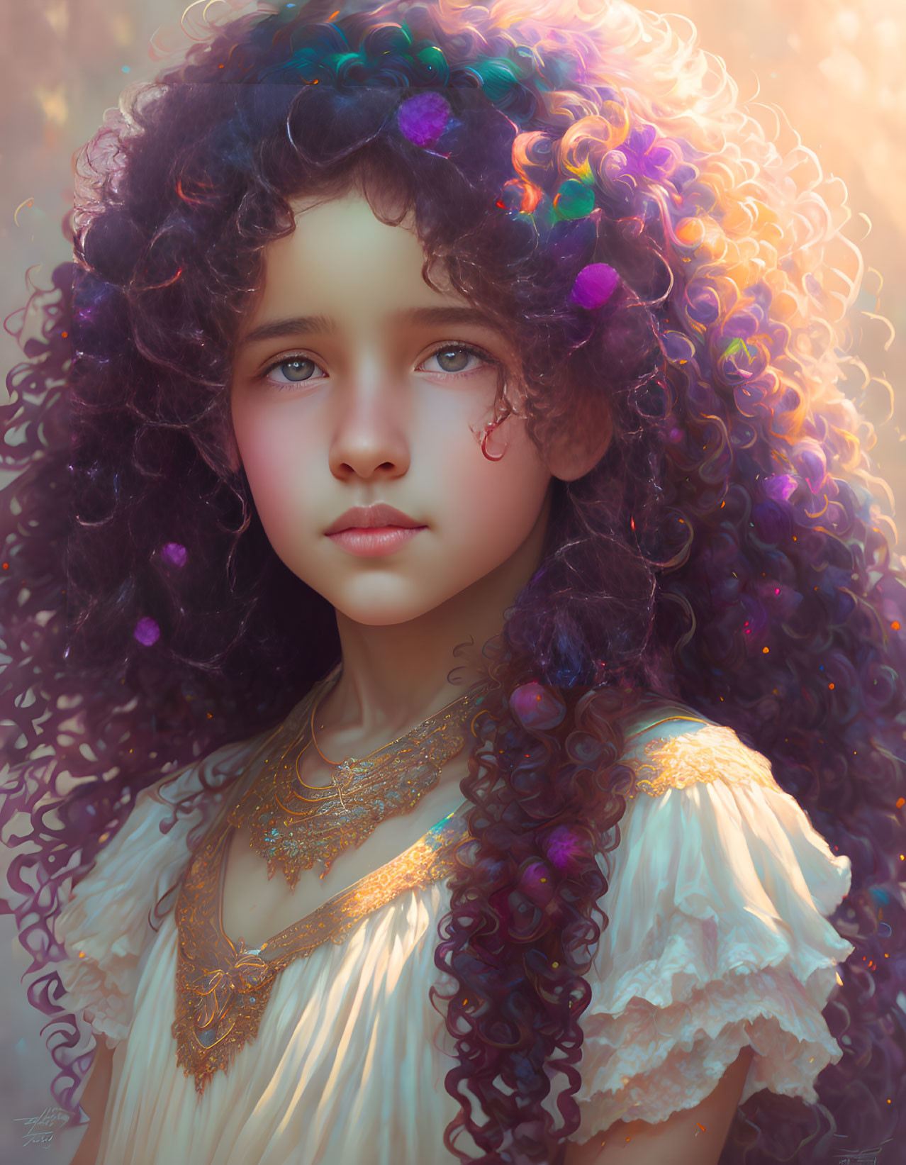 Pensive young girl with curly hair and flowers in white dress against warm backdrop