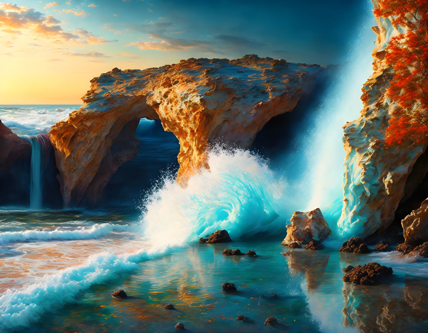 Vibrant ocean wave crashing through natural rock arch at sunset