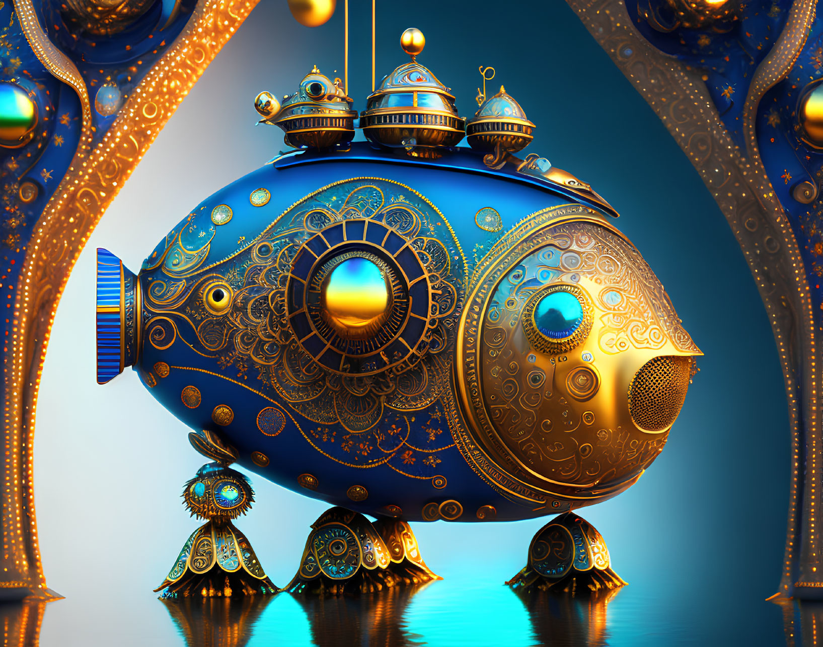 Elaborate fish-shaped metallic structure with golden details in surreal blue setting