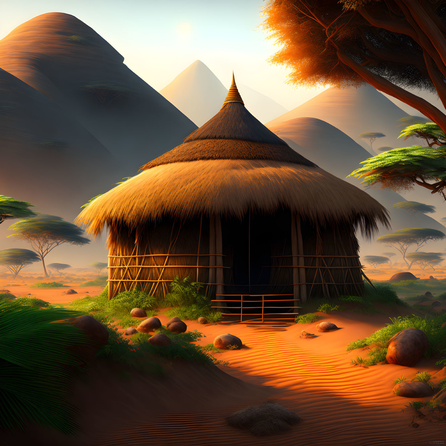 Traditional Thatched Hut in Serene Desert Landscape