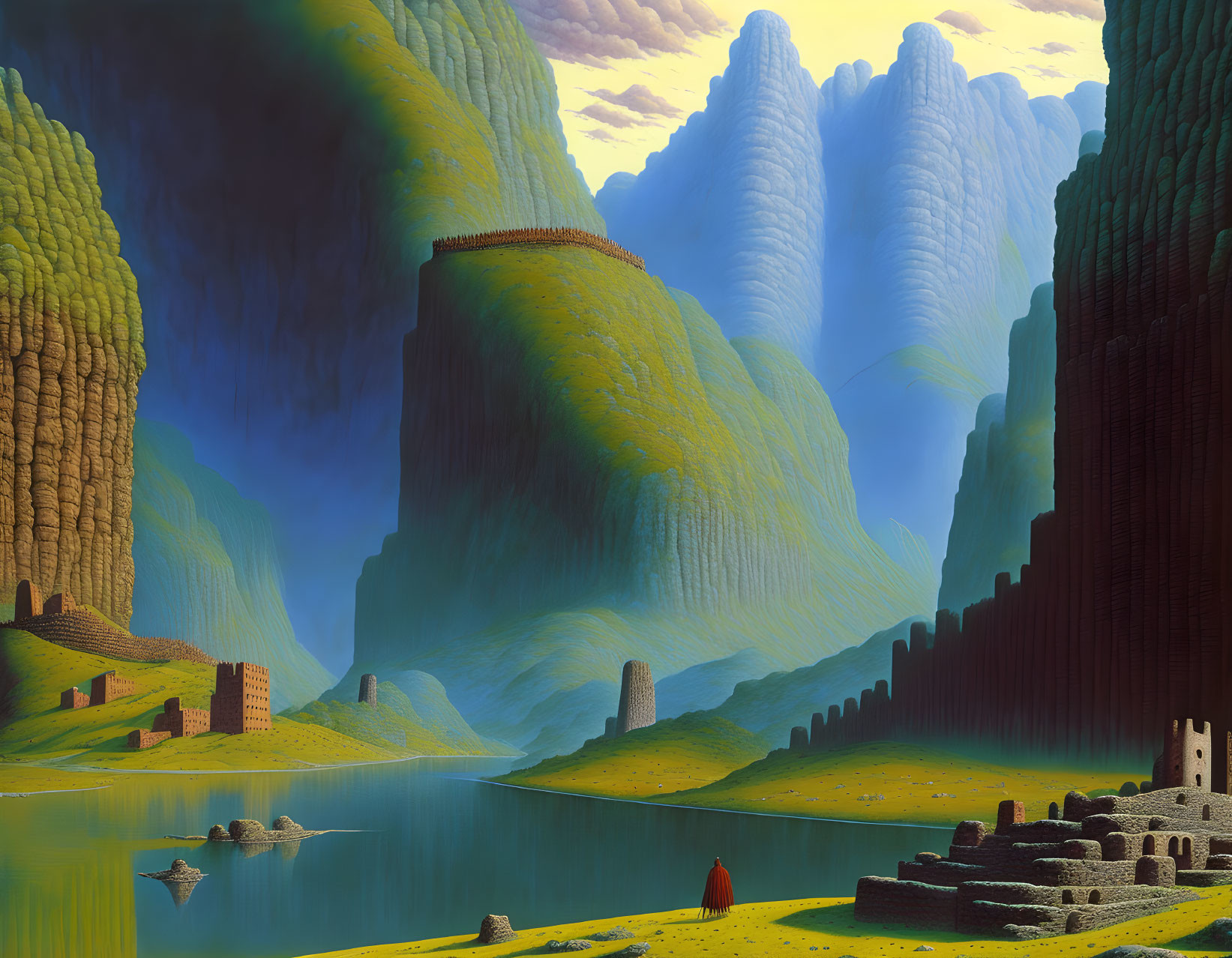 Surreal landscape with green cliffs, serene lake, ruins, and red-cloaked figure