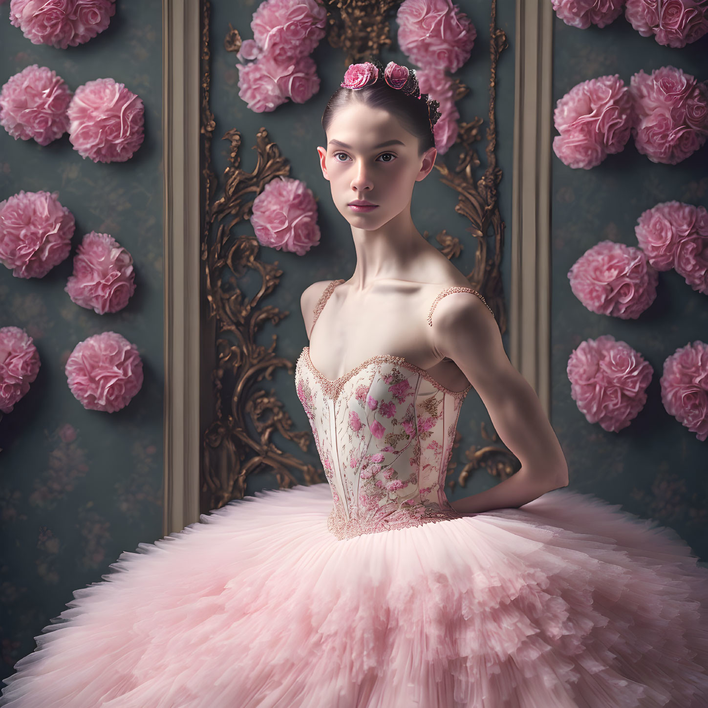 Poised individual in pink tutu and floral corset against rose-adorned wall