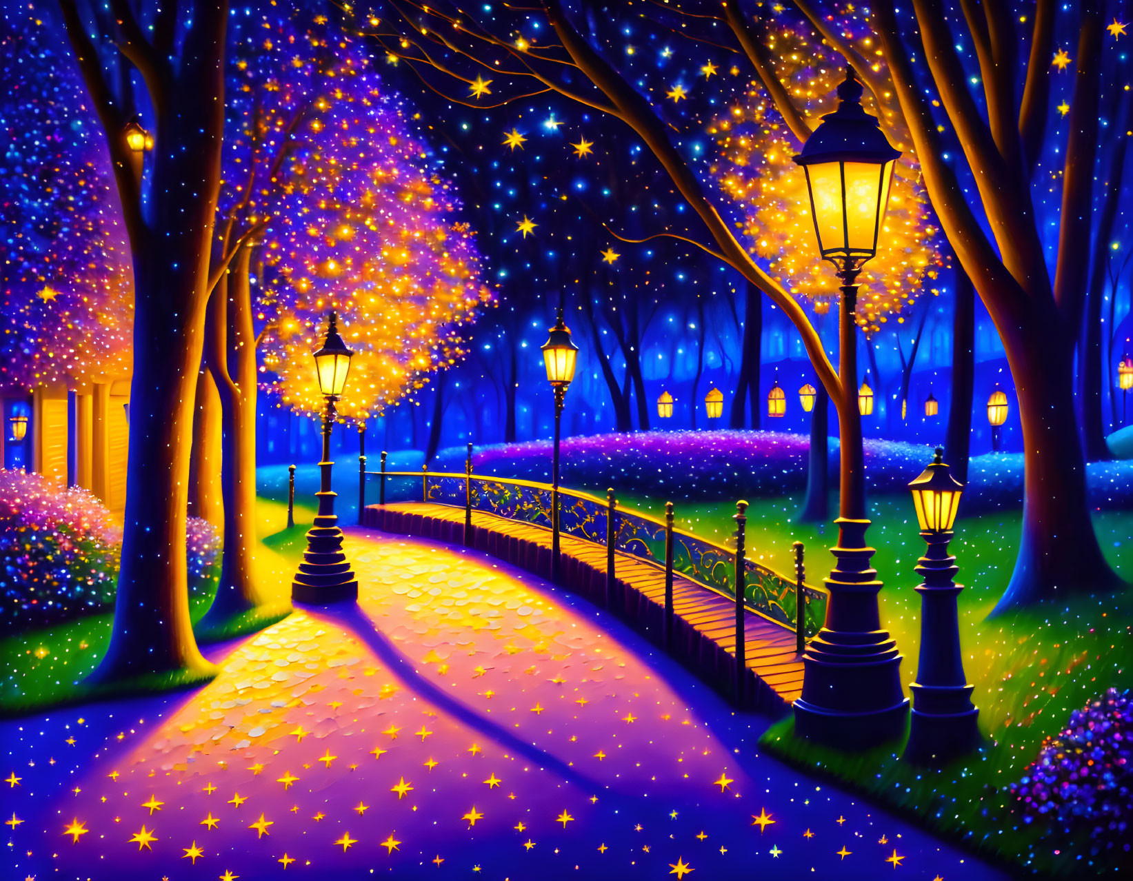 Nighttime park scene with illuminated lamp posts, starry sky, and glowing tree lights.