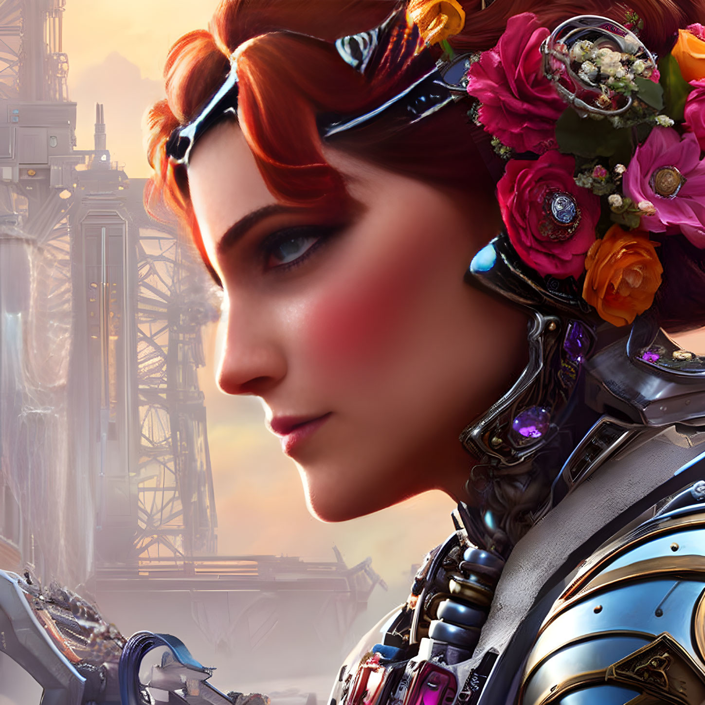 Red-haired woman with floral crown in futuristic armor and visor against industrial background