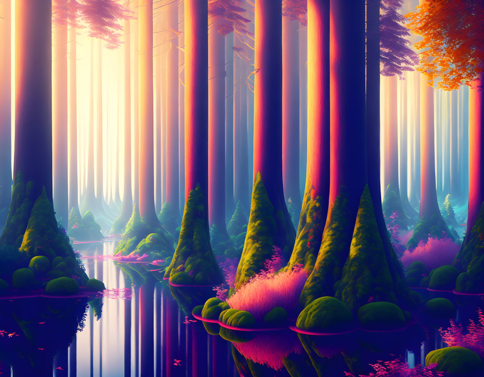 Colorful Forest Reflecting in Serene Lake with Sunbeams and Lush Vegetation