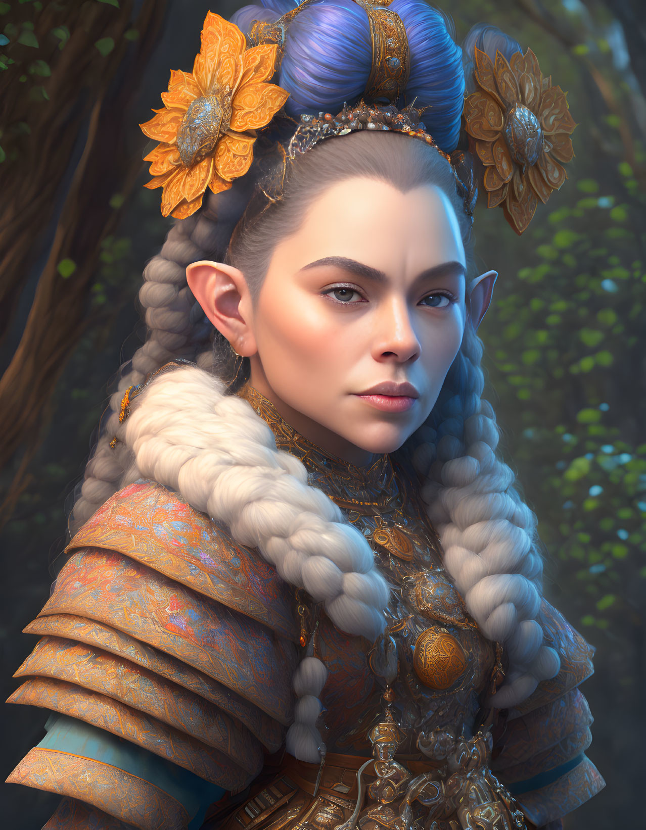 Female with Pointed Ears in Blue Hair and Orange Armor in Forest Setting