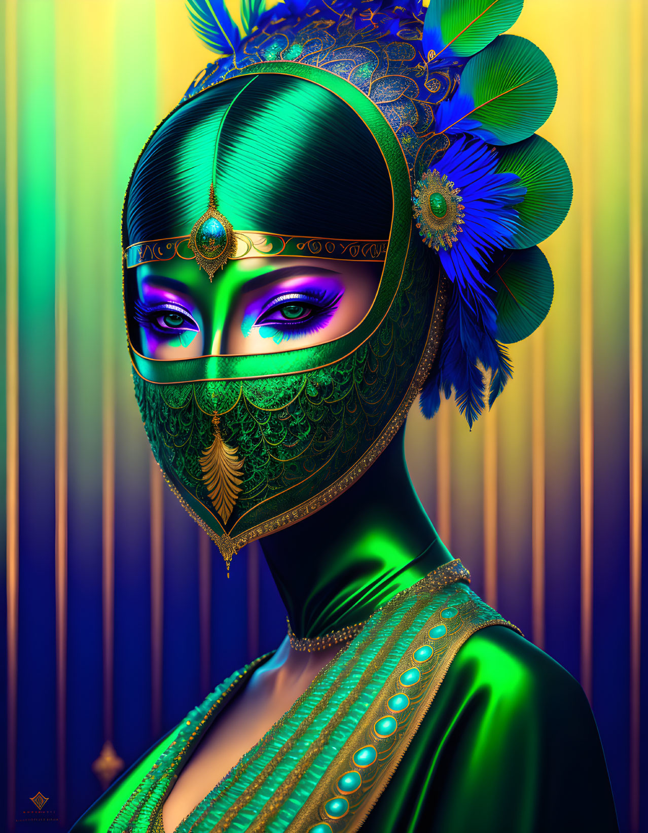 Colorful portrait featuring person in peacock-themed mask and headdress