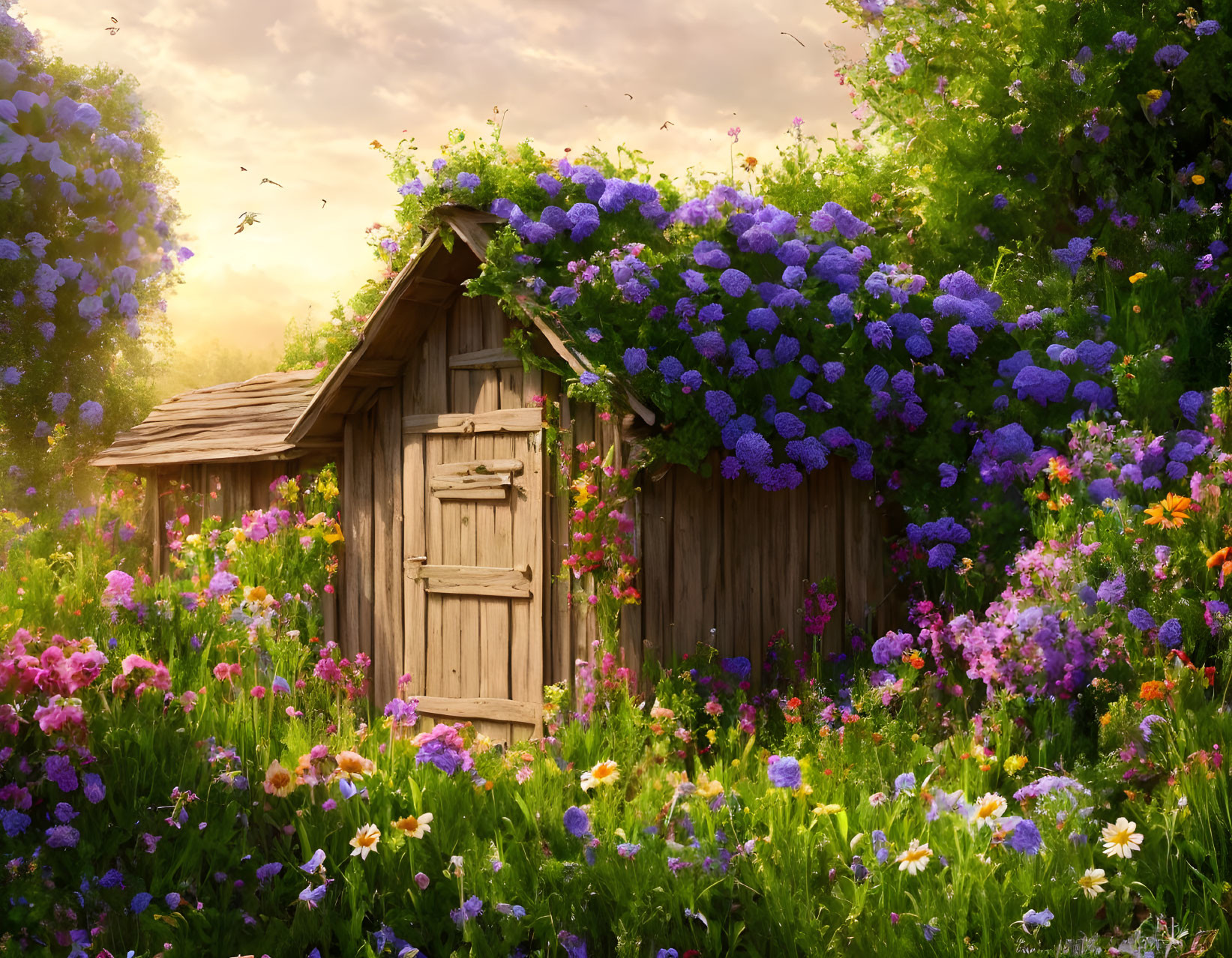 Wooden shed surrounded by purple flowers in lush garden