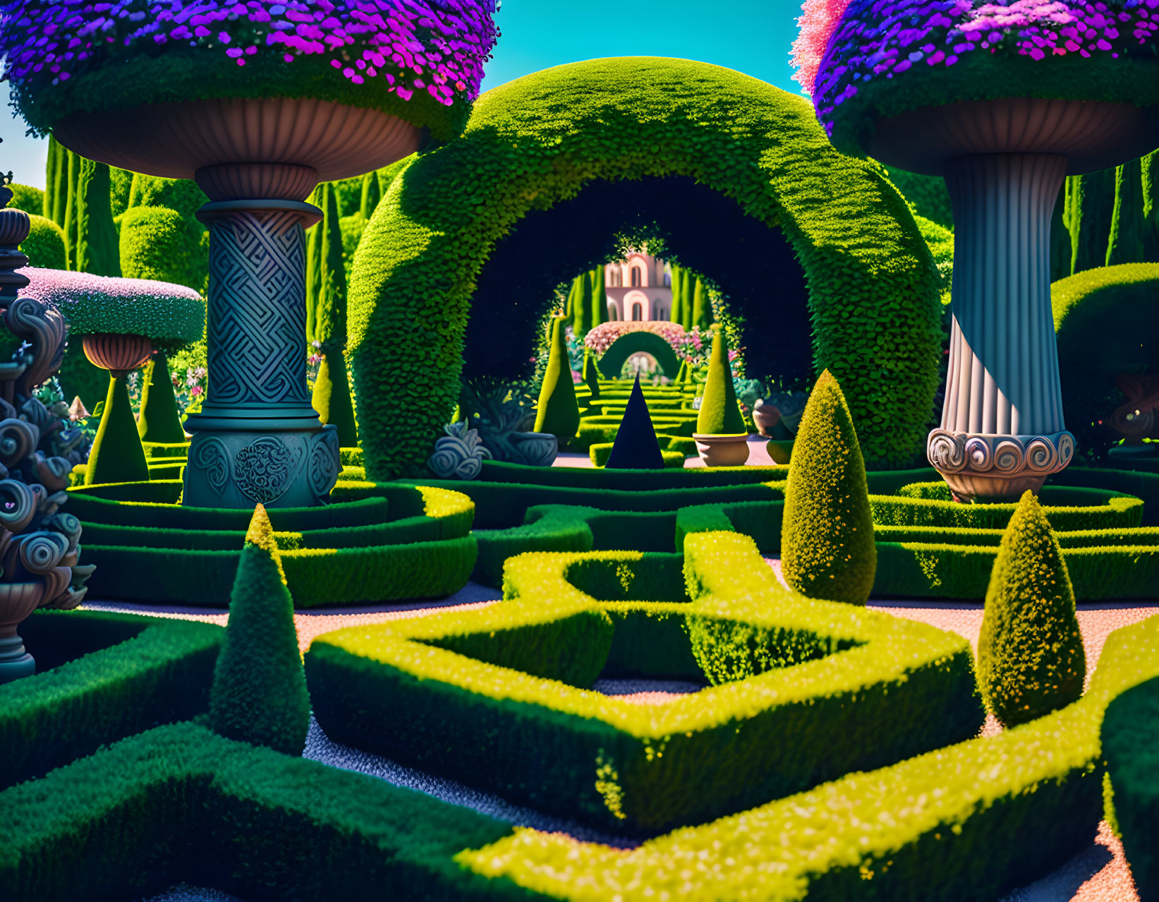 Colorful garden with manicured hedges, whimsical topiaries, and ornate pillars under