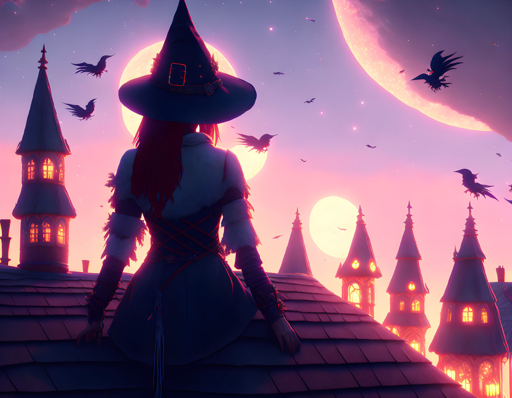 Witch on Rooftop at Dusk with Crescent Moon