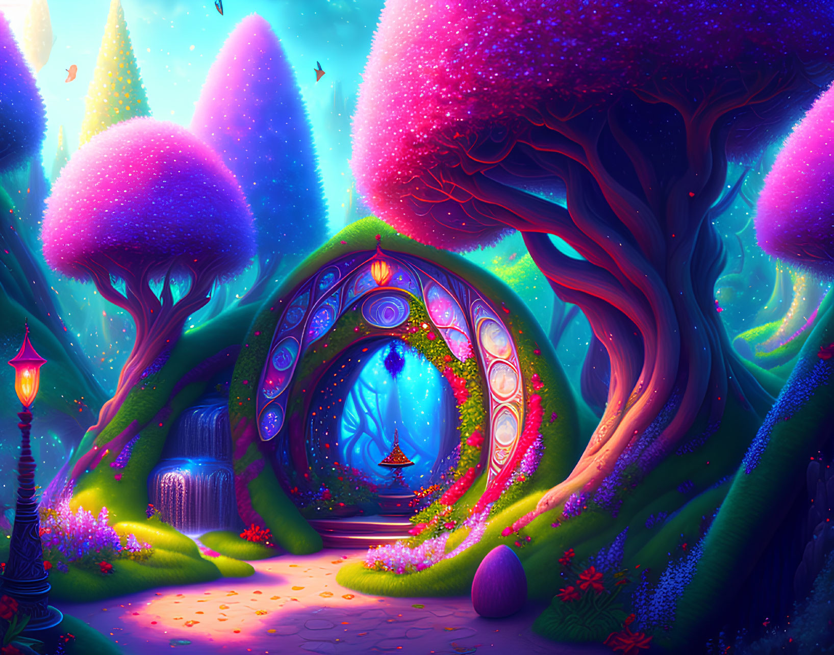 Fantasy landscape with luminescent trees and glowing portal