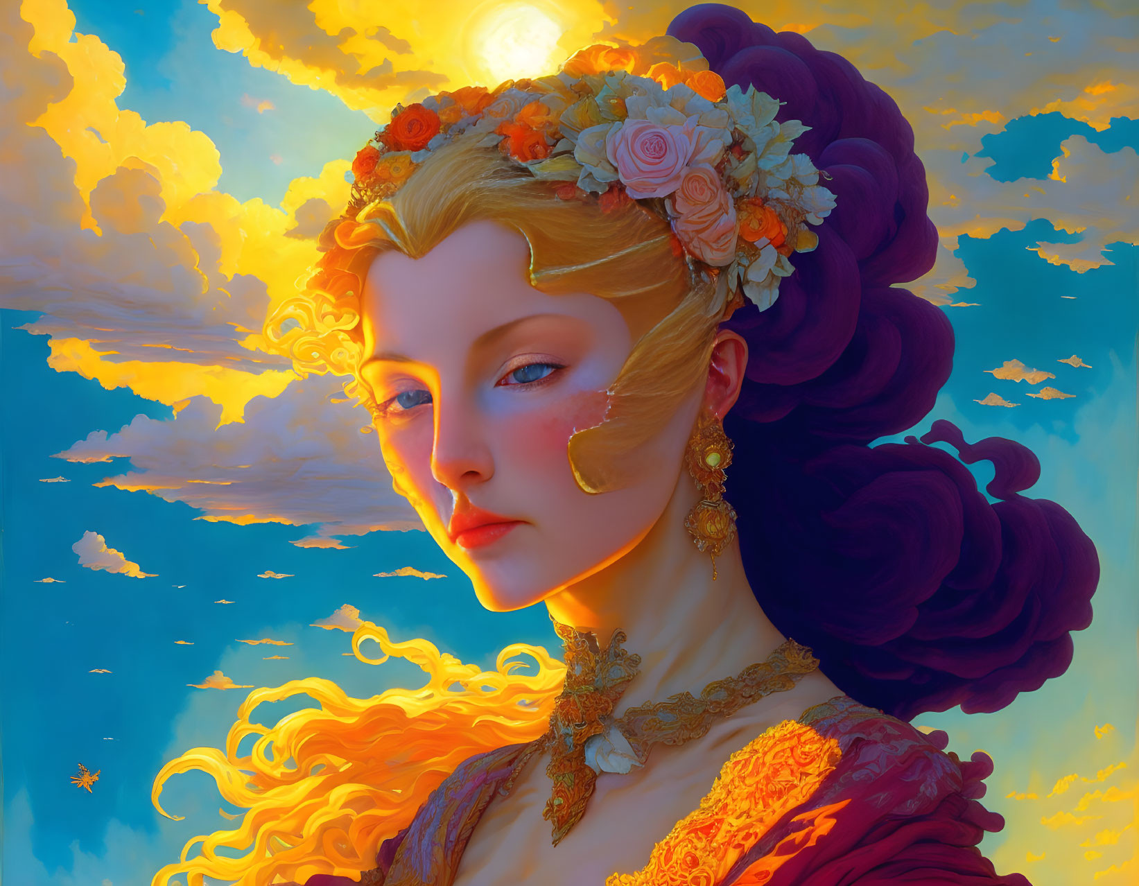 Ethereal woman with golden fiery hair and regal attire under blue sky