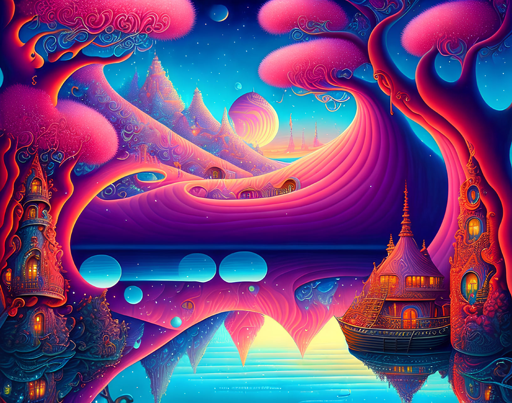 Fantastical landscape with purple trees and ornate buildings