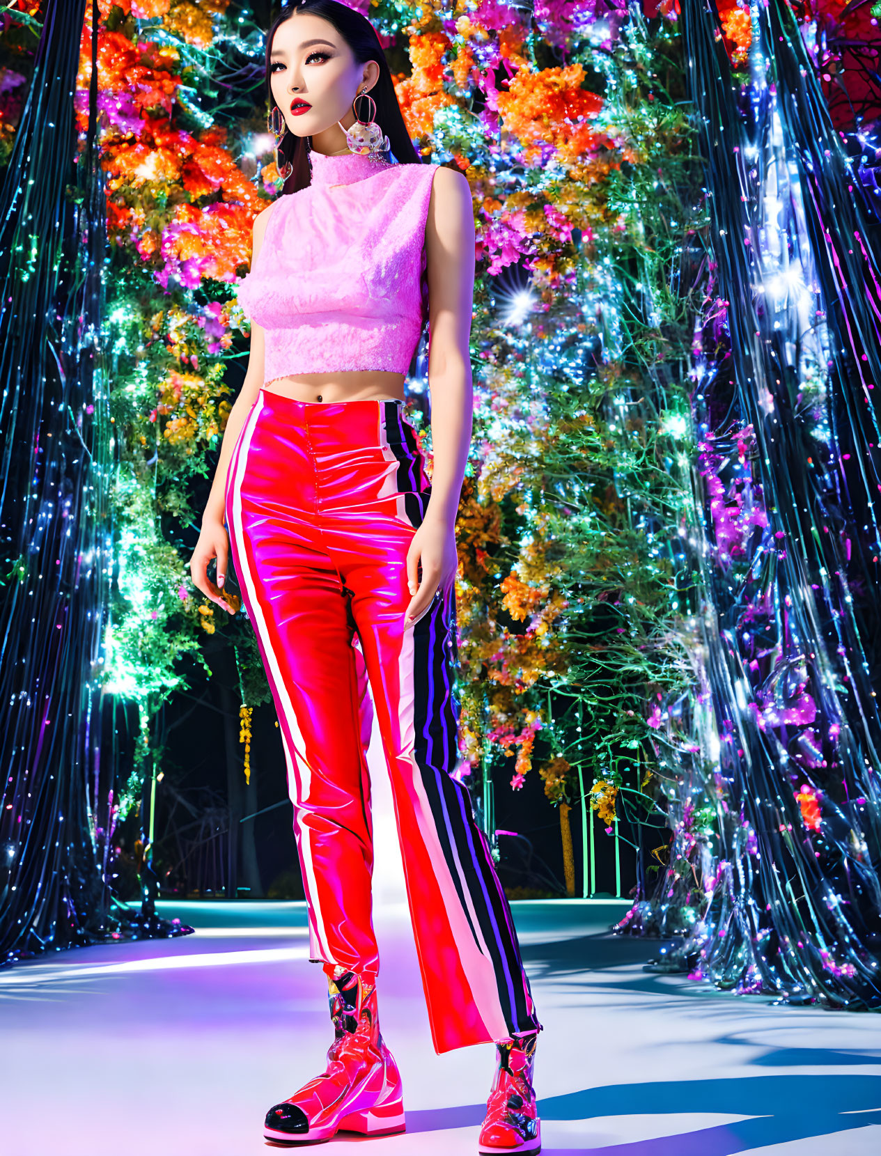 Confident woman in shiny pink outfit surrounded by vibrant flowers