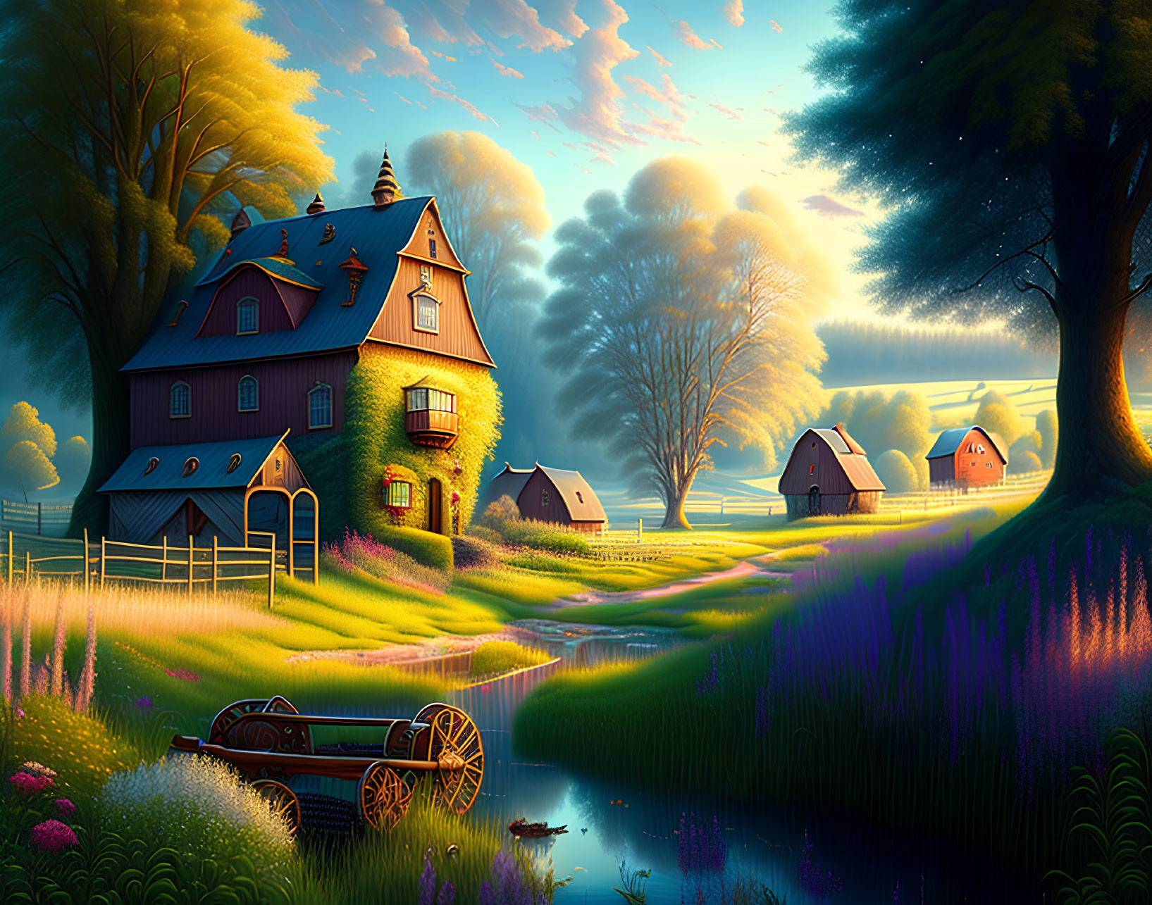 Colorful countryside scene with house, river, flora, cart, and sunset sky