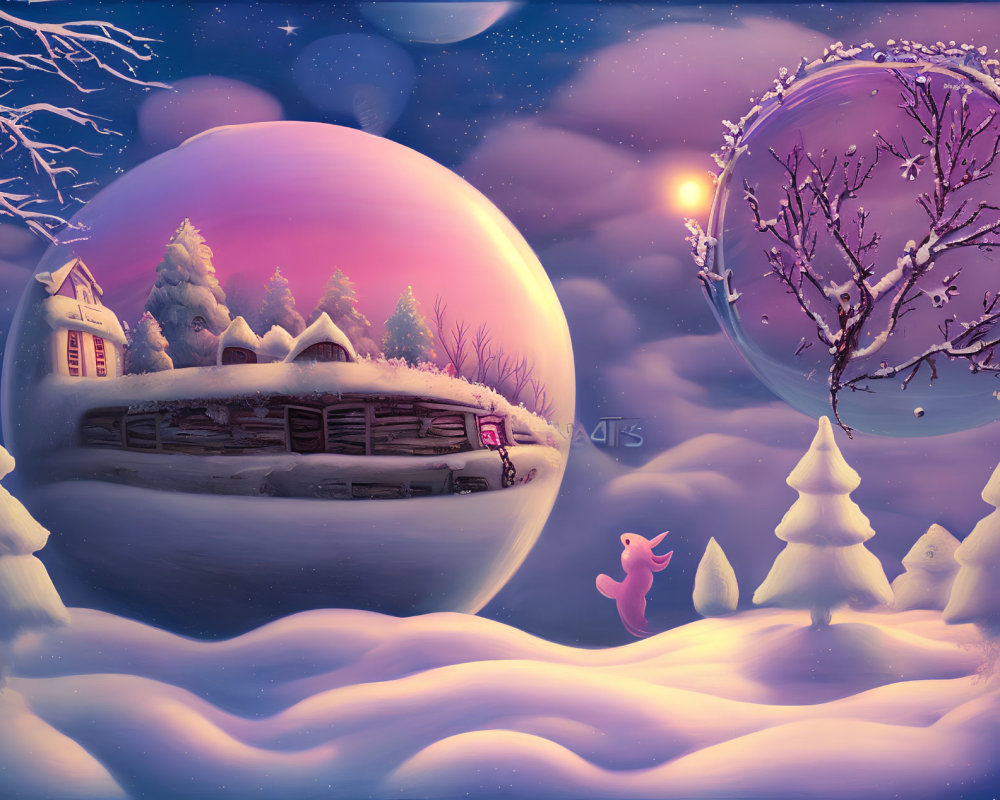 Winter cabin scene with bubble, bunny, and snowy trees under starry sky