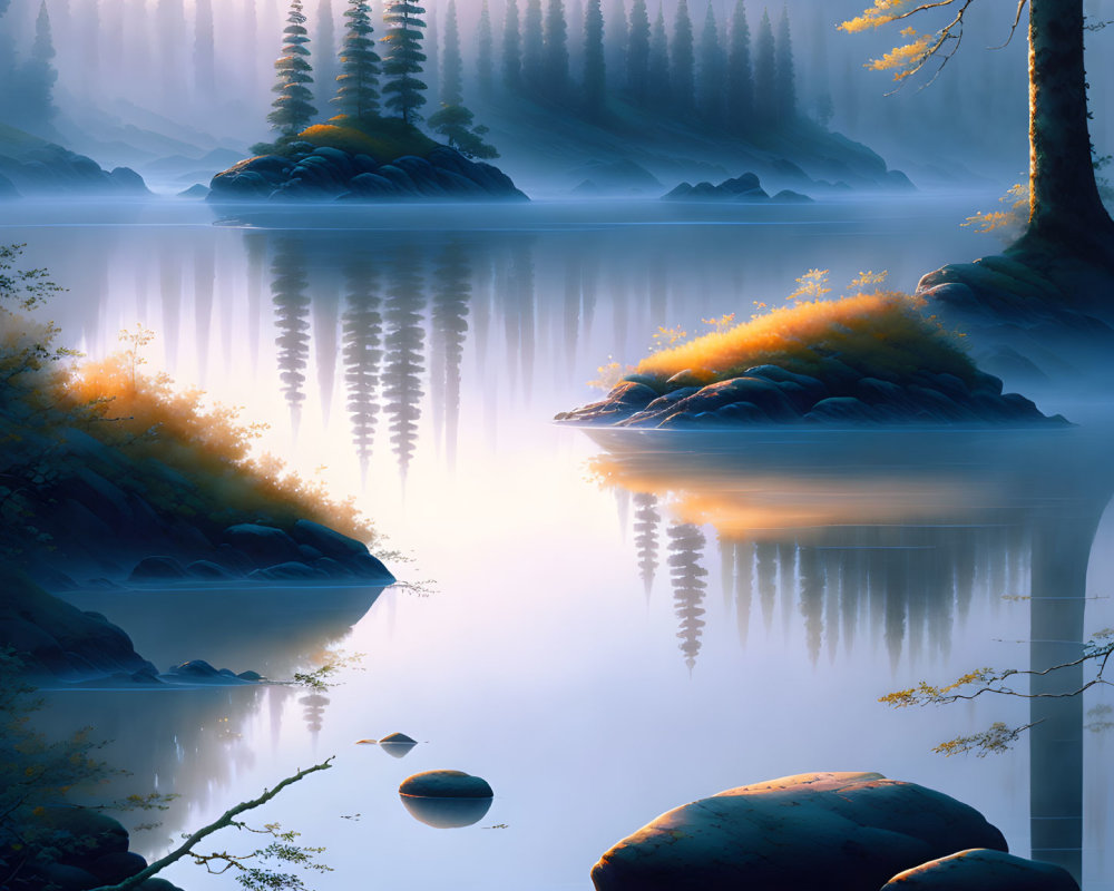 Tranquil misty lake sunrise with coniferous tree reflections